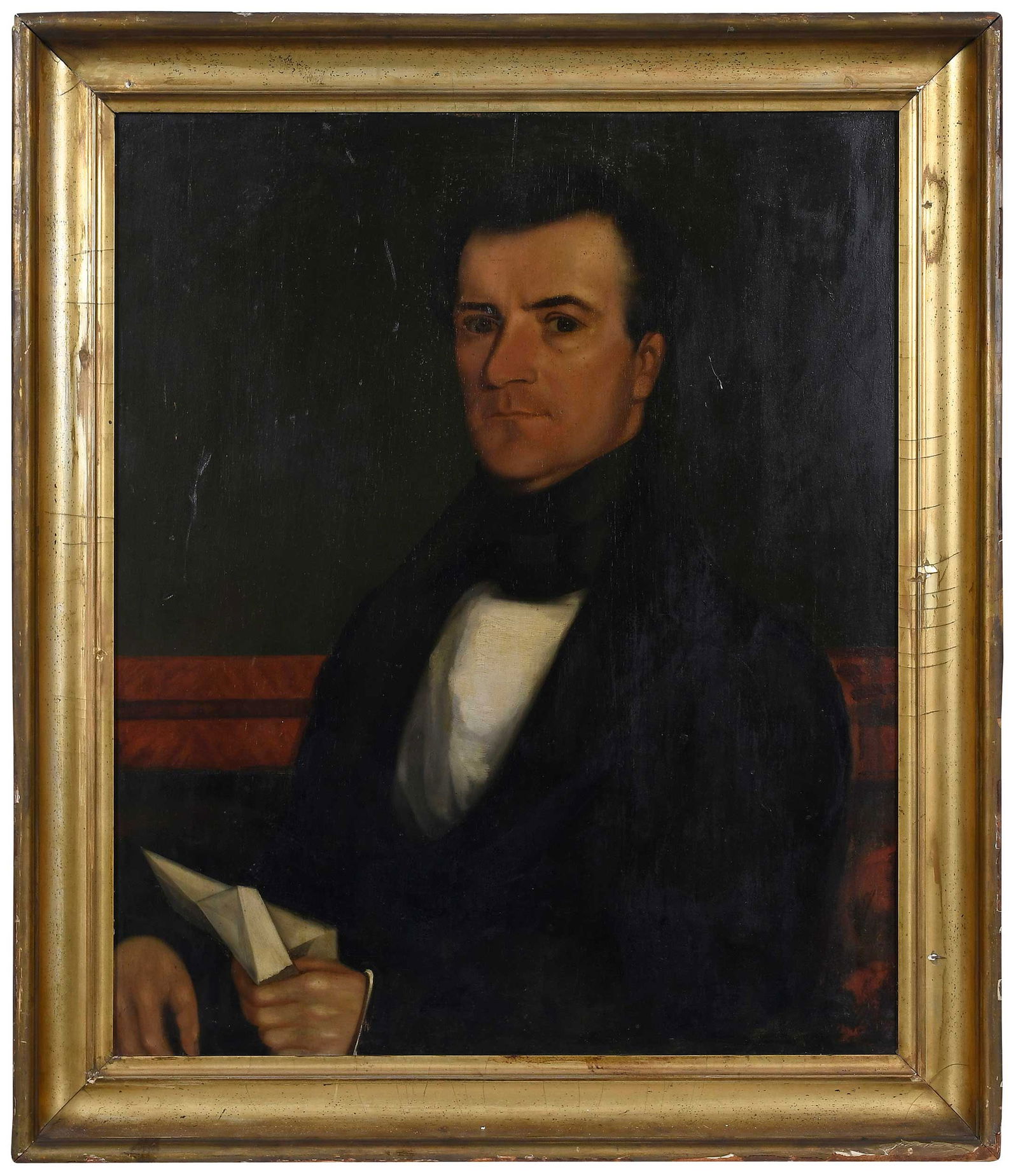 Folk Art Portrait of Gentleman with Letter: (American, 19th century)Unsigned, oil on panel, 25-3/4 x 29 in.; period gilt wood frame, 35-1/4 x 30-1/4 x 2-1/2 in.Provenance: Private Collection
