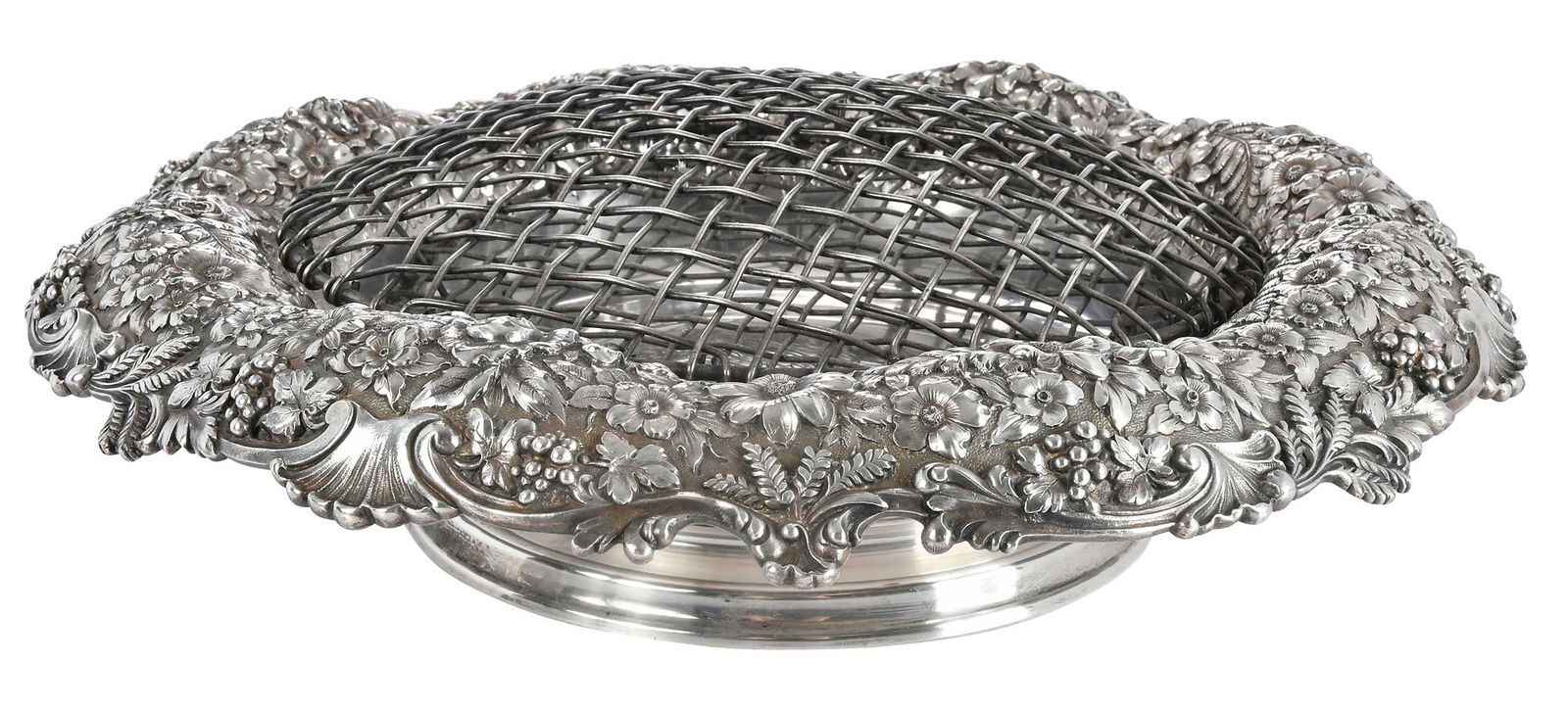 Tiffany Sterling Bowl with Floral Border and Wire Frog: American, 1902-1907, round with floral and fern border, central monogram, marks for Tiffany & Co., "16714...8294", 68.80 oz. T.; with silver plate removable wire frogProvenance: Private Asheville