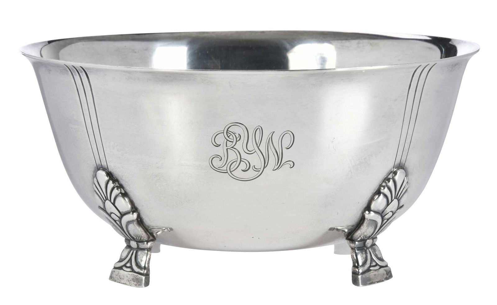 Footed Tiffany Sterling Bowl: American, 1947-1956, round with deco style feet, monogram, marks for Tiffany & Co., "23238", 23.21 oz. T., 4 x 8-1/2 in.Provenance: Private Collection