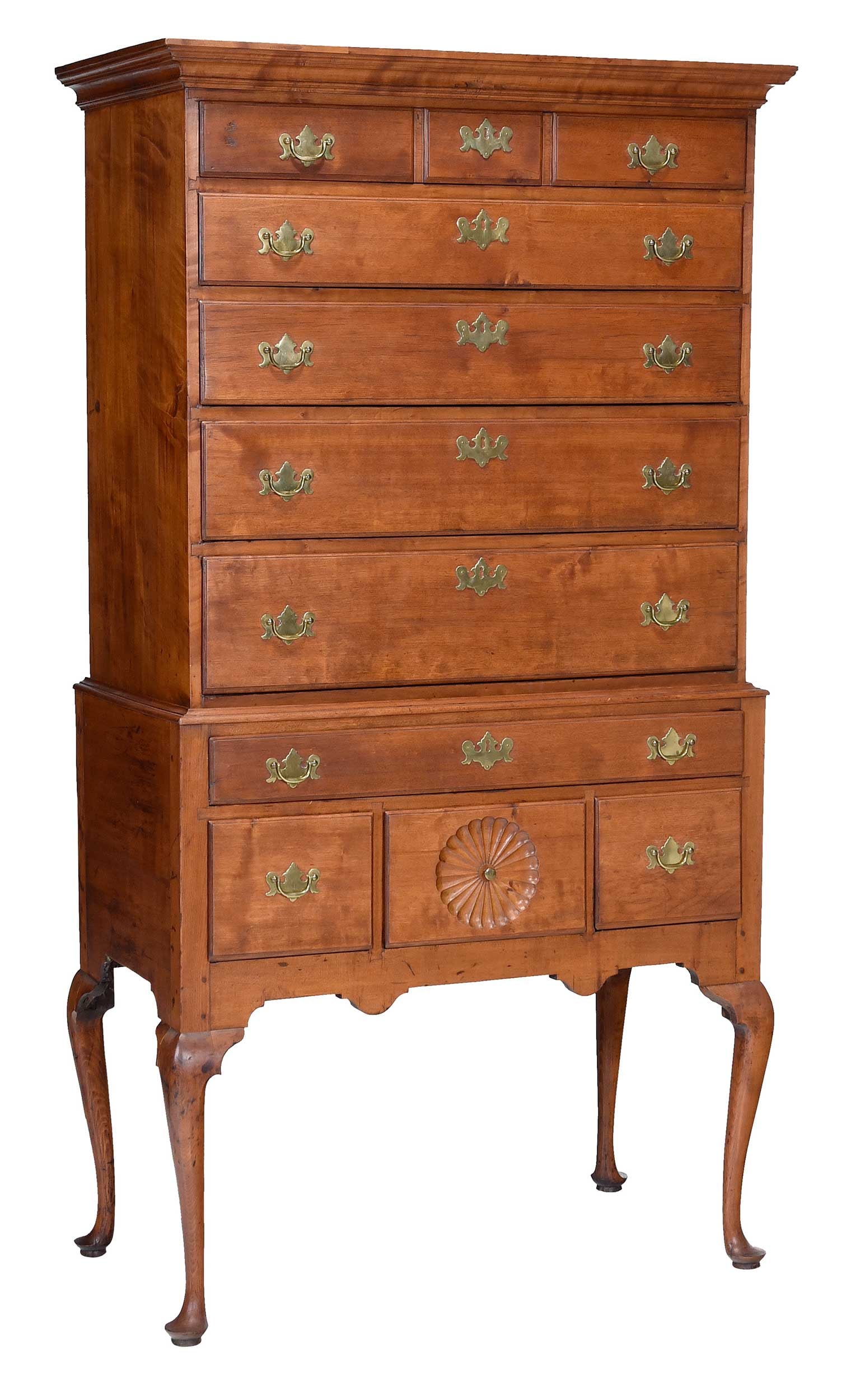 New England Queen Anne Birch and Cherry Fan Carved High Chest (1 of 7)