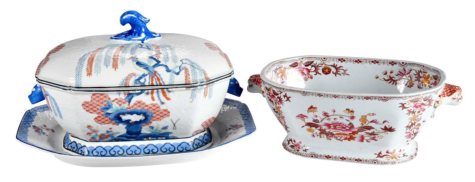 Mottahedeh Chinoiserie Porcelain Tureen and Underplate, with Spode Tureen: 20th century, MOT40 pattern, makers mark to base, depicting a bird in a tree on a rocky outcrop, tureen 9 x 9-1/2 x 14 in.; underplate 1-5/8 x 11-3/4 x 15 in.; together with Spode stone china tureen,