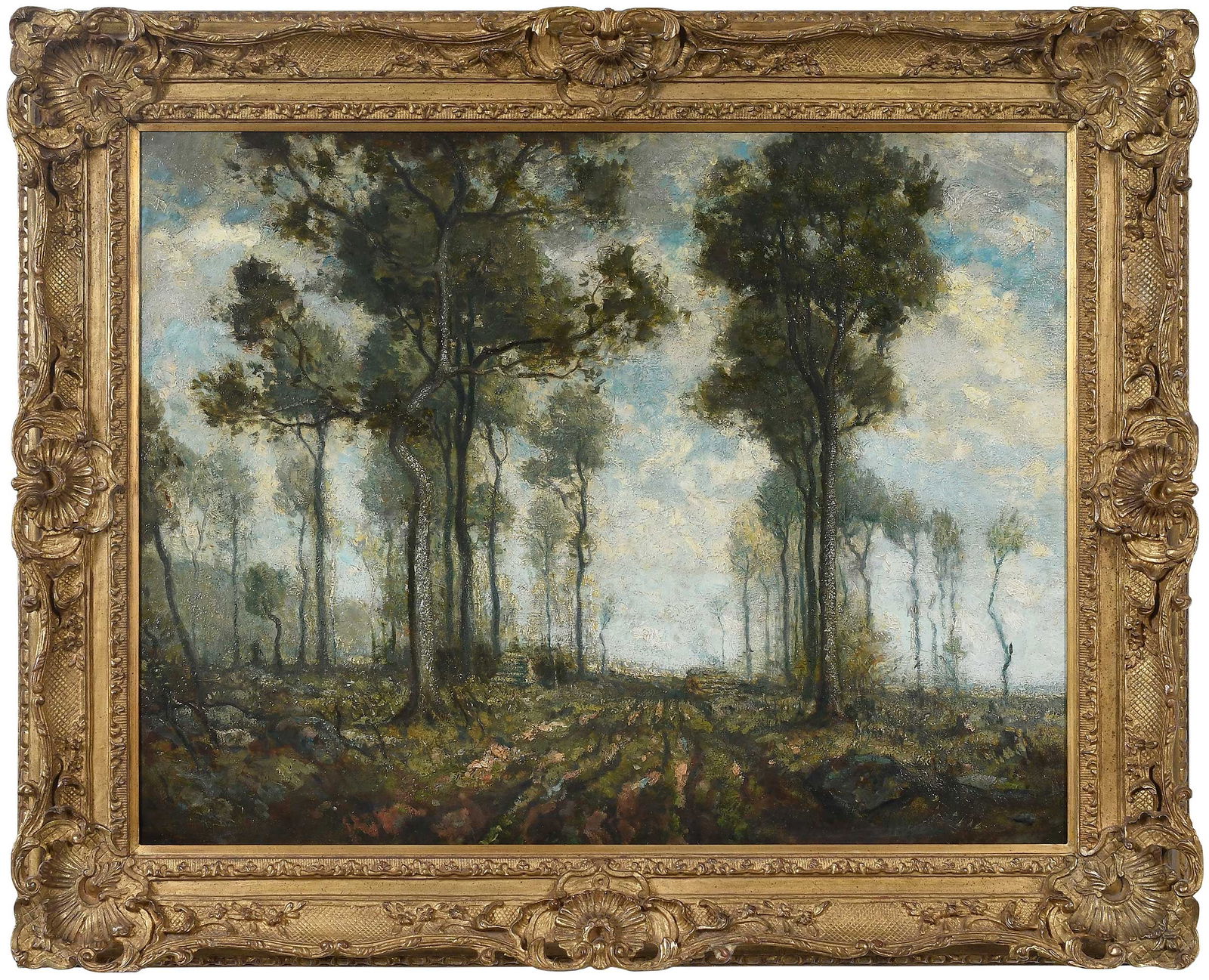 Barbizon Landscape: (American or British/Continental, 19th century) Country Lane, unsigned, oil on canvas, 28 x 36 in.; ornate carved gilt wood and composition frame, 36 x 44-1/4 in. Provenance: Private Georgia Collectio