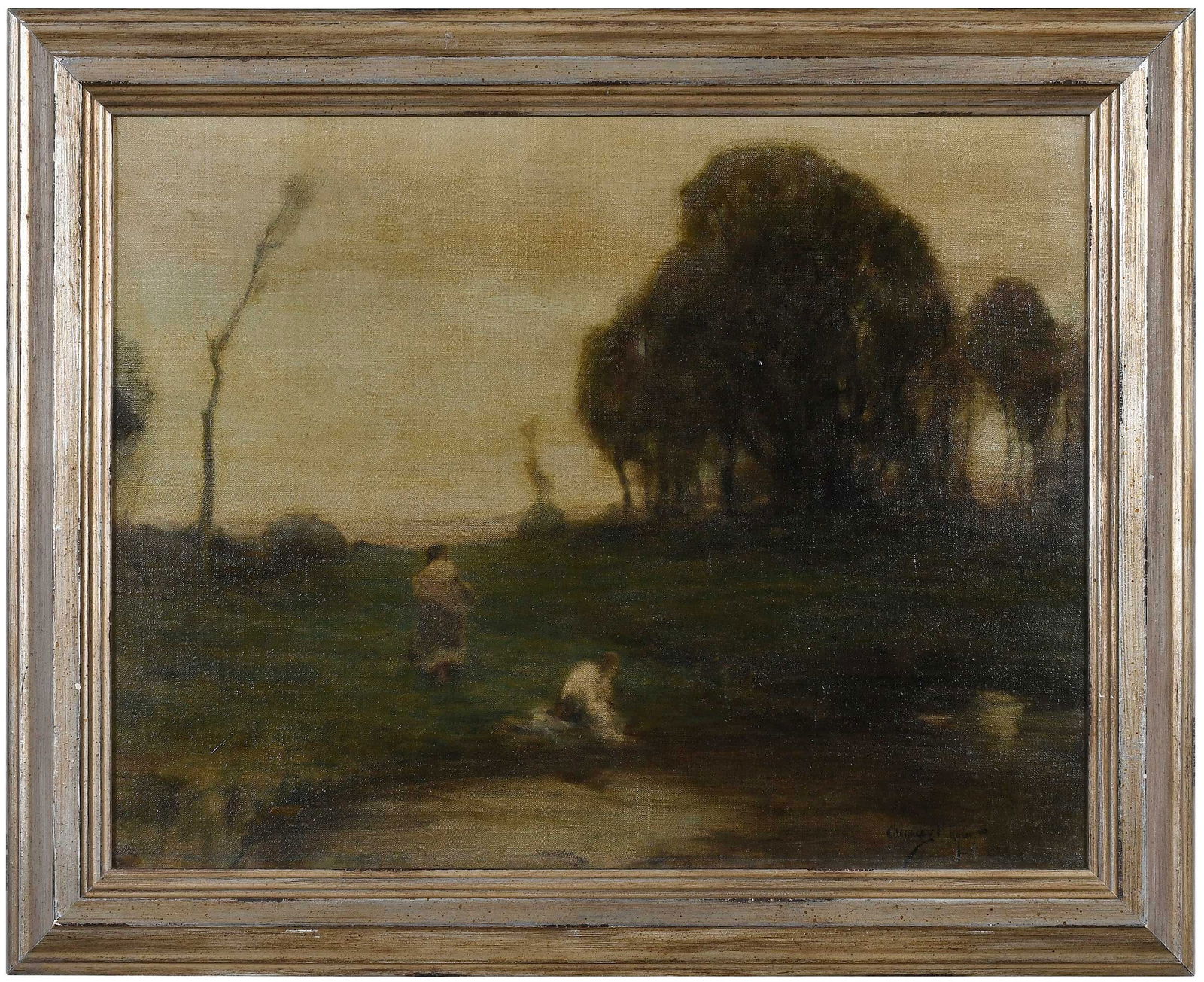 Chauncey Ryder: (New York/New Hampshire,1868-1949)Landscape with Figures, signed lower right "Chauncey F. Ryder", oil on canvas, 18-3/4 x 24-1/4 in.; silver finished wood frame, 23-1/4 x 28-3/4 x 1-3/4
