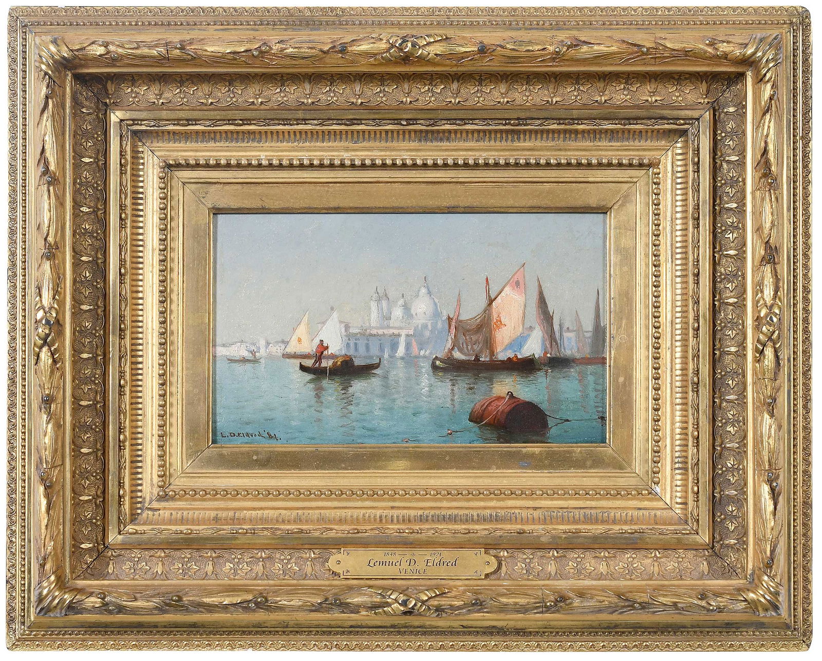Lemuel Eldred: (American, 1848-19921)Fishing Boats, Venice, 1881, signed and dated lower left, "L.D. Eldred '81", oil on board, 6 x 10 in.; fine period gilt wood frame, 15-1/2 x 19-1/2 x 3 in.Provenance: Zaplin