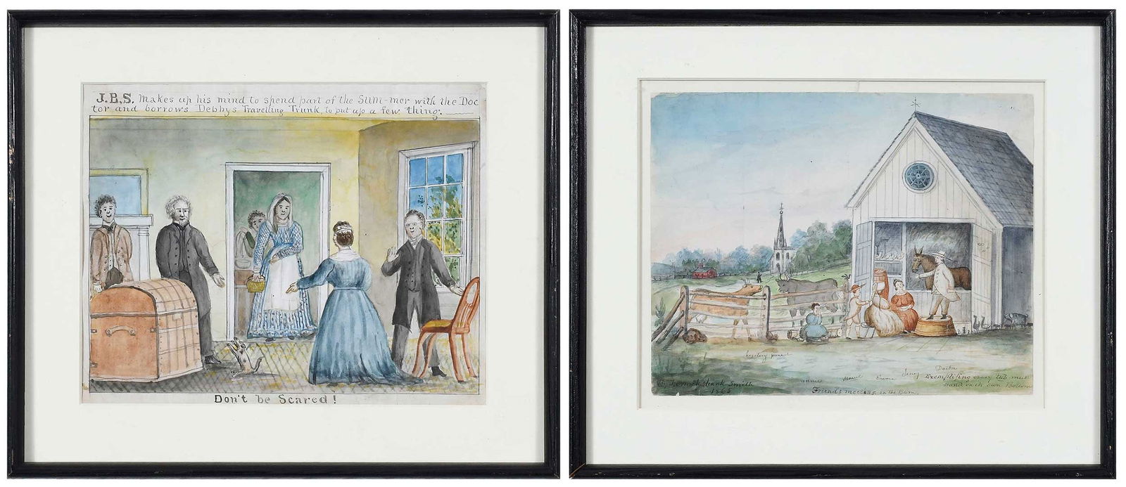 Two Quaker Watercolors, One Signed J. Cruickshank Smith: (American, 19th/20th century)Two naive watercolors: Friends (Quaker) Meeting in The Barn, 1865, signed and dated lower right "By J. Cruickshank Smith / 1865", inscriptions in lower area with names of