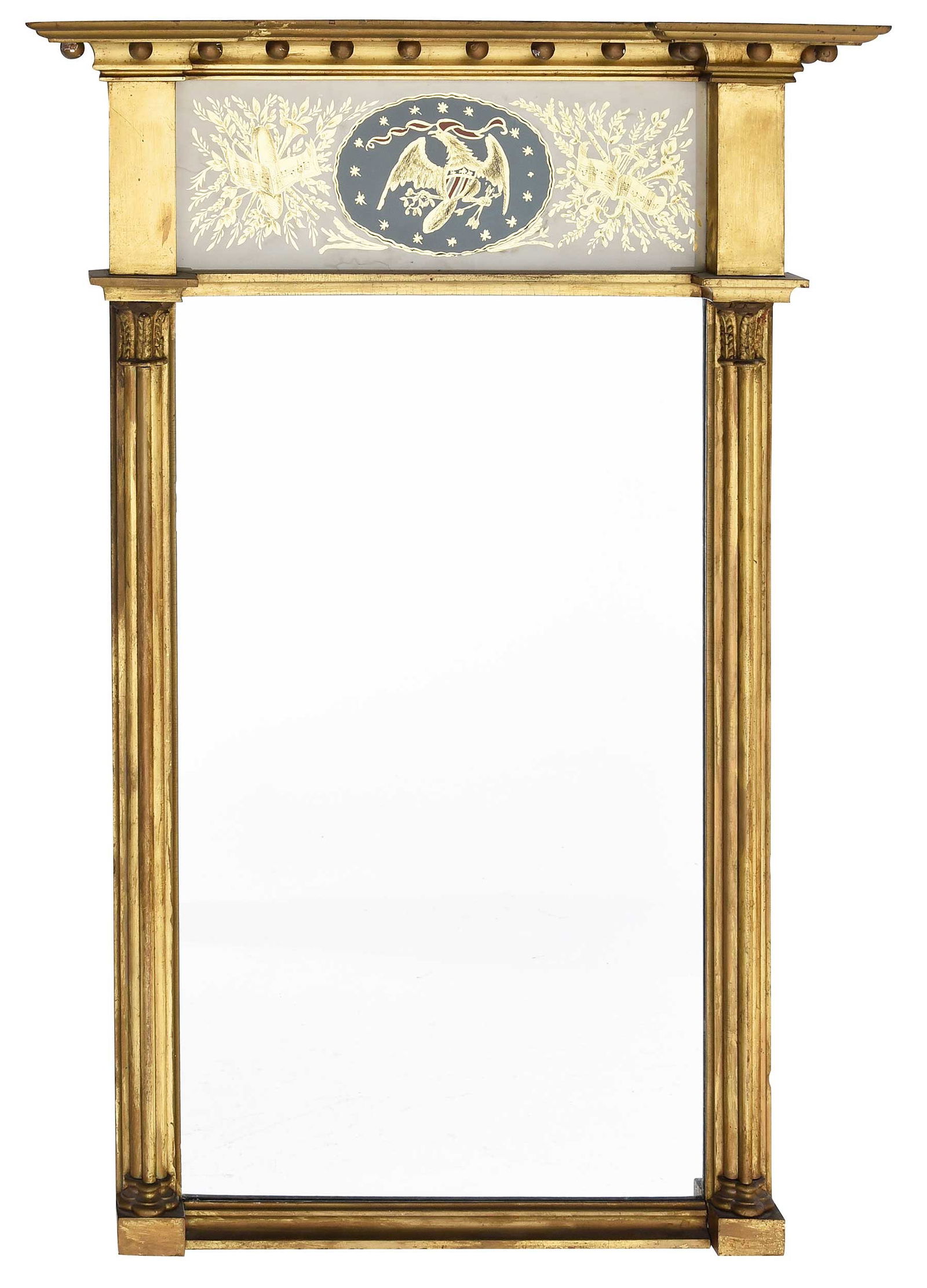 Rare Newburyport Federal Eglomise Giltwood Mirror: Barnard Cermenati label on the back, Newburyport, Massachusetts, circa 1807, panel with stylized Great Seal of United States, mirror plate flanked by cluster columns, backboard also retains a label