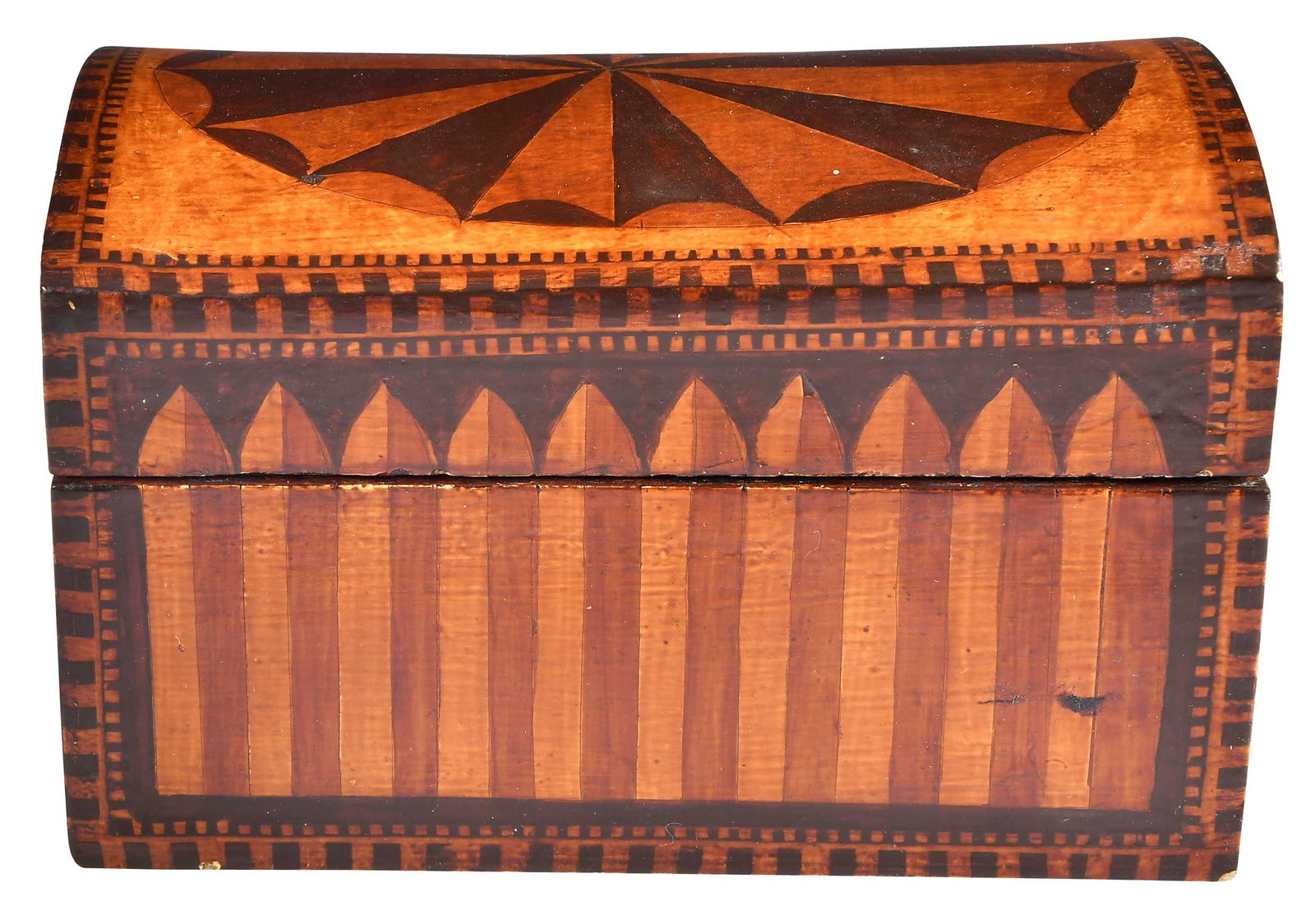 Folk Art Faux Painted Dome Top Box: American, 19th century, the sides and top with faux inlay, 3-3/4 x 5-7/8 x 3-5/8 in. Provenance: Estate of Lamar John Ryan Cecil, Lynchburg, Virginia