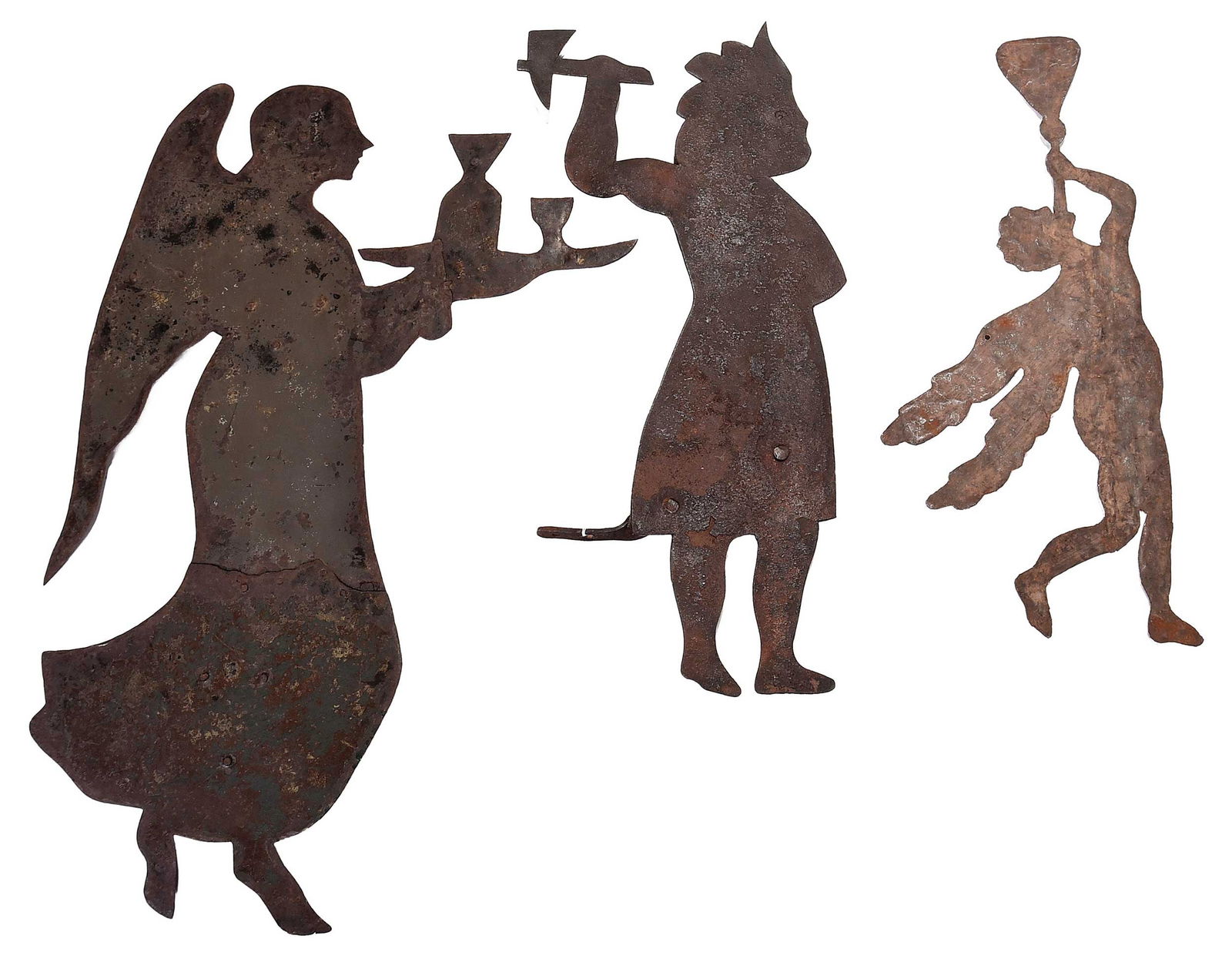 Three American Sheet Iron Silhouette Weathervanes: probably 19th century, comprising: Archangel Gabriel with trumpet, 9-1/2 x 21-3/4 in.; angel holding tray with bottle and chalice, 29 x 19-1/2 in.; Native American with hatchet, 24 x 12
