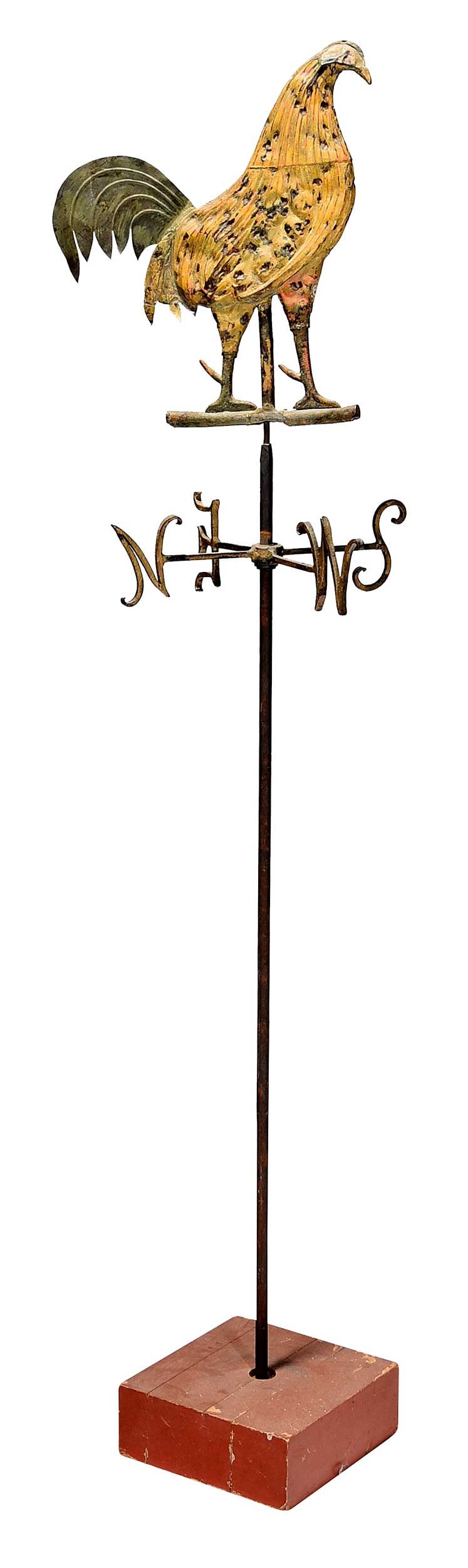Gilt and Painted Copper Rooster Weathervane with Standard: late 19th century, gilded copper body, iron legs, sheet zinc tail, on directional standard, rooster 15-3/4 x 13-3/4 x 1-1/2 in., standard 54 x 14 x 14 in.Provenance: Estate of Linda Sargent Thompson,