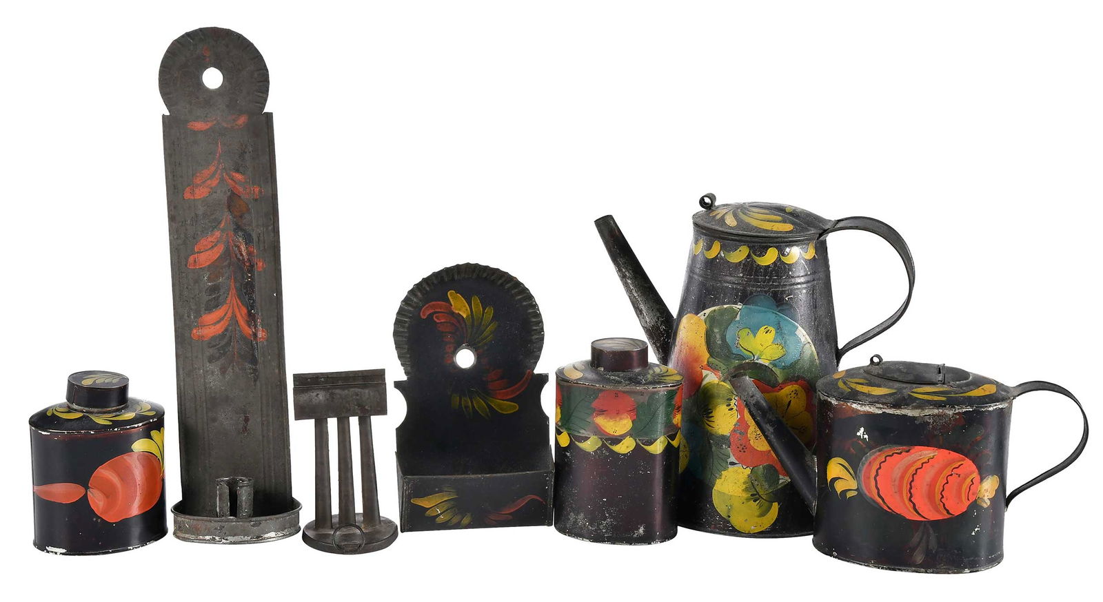 Seven Paint Decorated Black Toleware Objects: probably American, 19th century, comprising: coffee pot; teapot; two tea caddies; two candle sconces; candle mold; largest 8-3/4 x 9 x 6 in.Provenance: Estate of Elizabeth Stvan, Williamsburg,