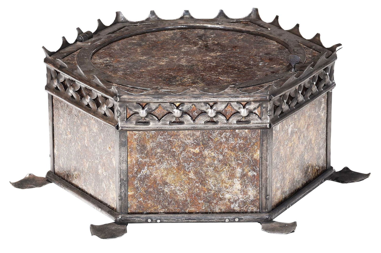 Samuel Yellin Signed Ceiling Light: (American/Ukrainian, 1884-1940)in the Arts & Crafts style, sheet iron frame with mica, wired for electricity with two light socket, stamped "Yellin" on frame, approx. 9 x 20-1/2 x