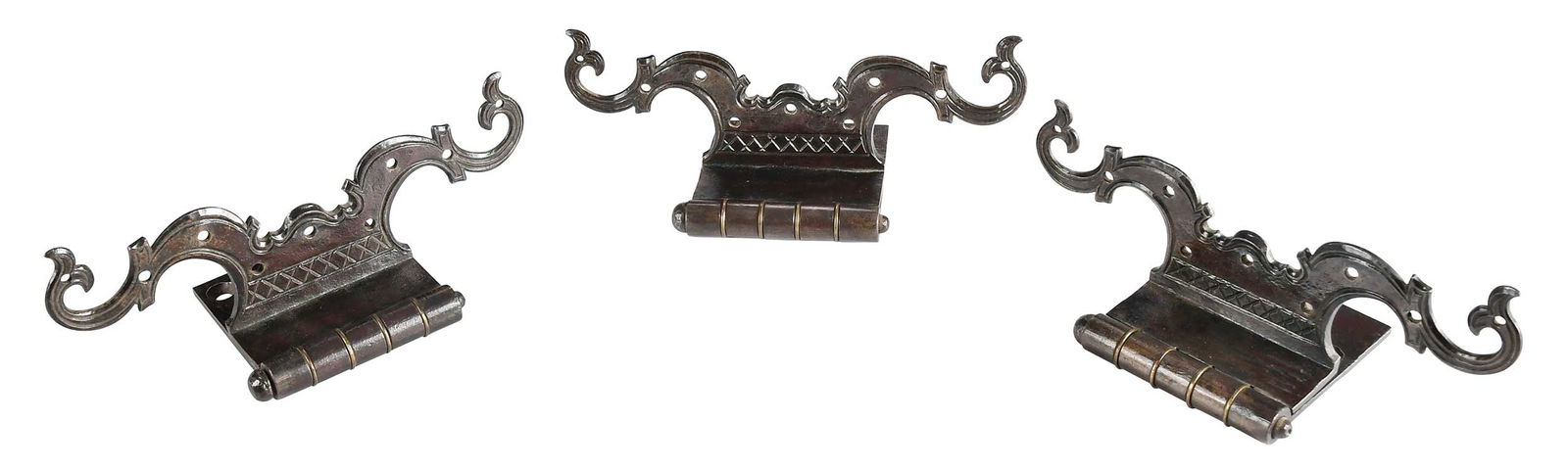 Three Samuel Yellin Signed Wrought Iron Hinges: (American/Ukrainian, 1884-1940)stamped "Samuel Yellin/Phila. PA" verso, 9-1/8 x 5-3/4 x 3 in. extended 