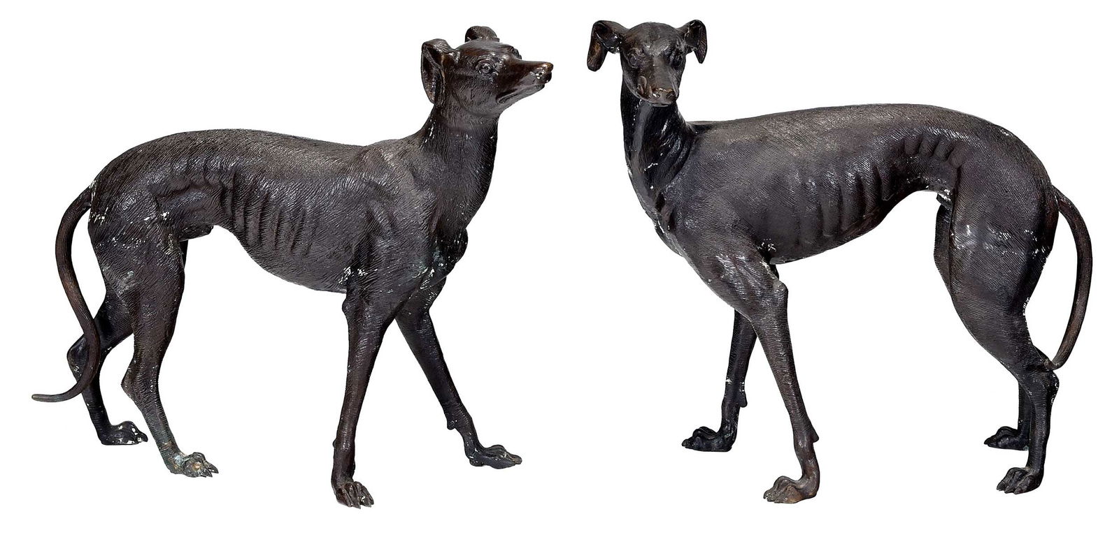 Pair of Cast Bronze Whippet Statues: 20th century, apparently unmarked, each approx. 20-1/4 x 26 x 5-1/4 in.Provenance: Estate of Linda Sargent Thompson, Historic Sesame Lodge, North Augusta, South Carolina