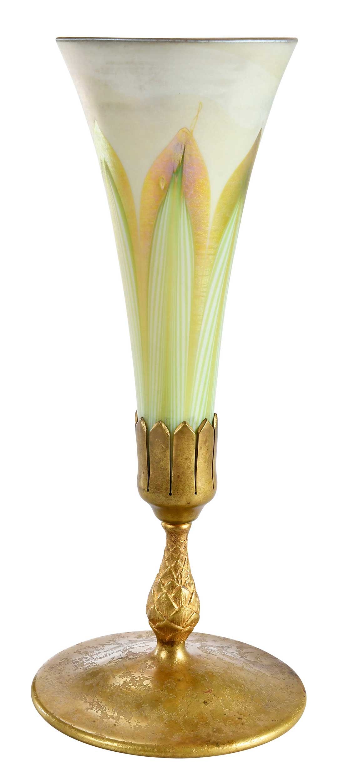 Tiffany Studios Favrile Glass Pulled Feather Vase with Gilt Bronze Base: American, 20th century, underside of glass with etched "L.C.T.", underside of base stamped "Tiffany Studios/New York" and "1403", approx. 11-3/4 x 5 x 5 in.Provenance: Estate of Linda Sargent