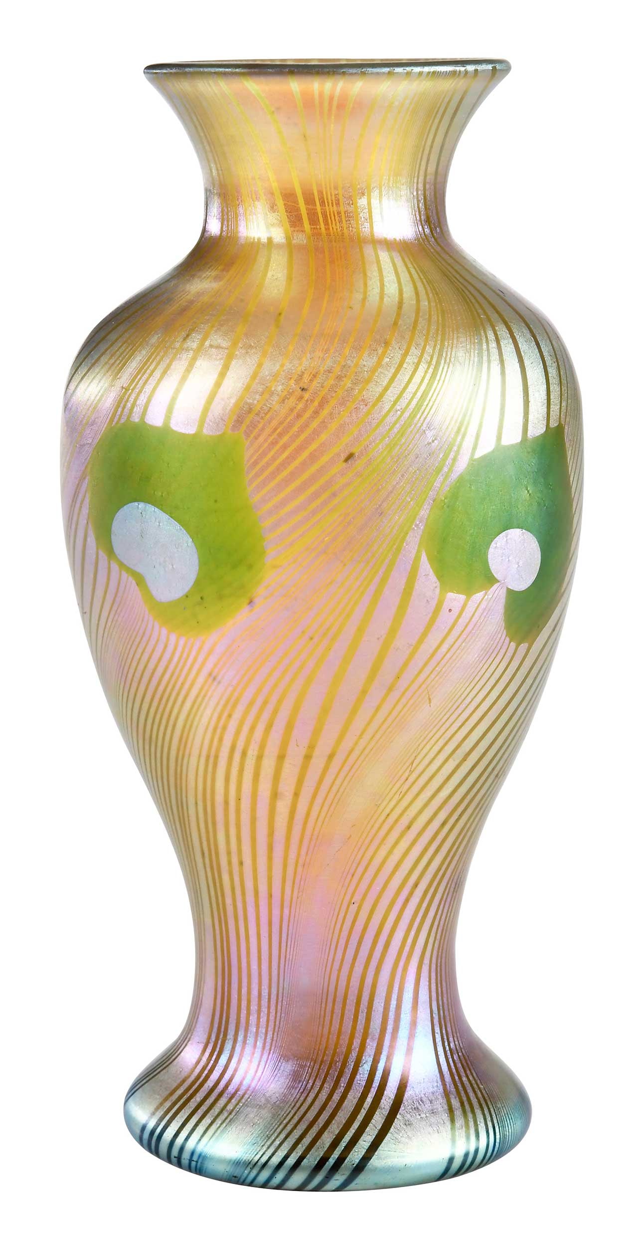 Steuben Aurene Glass Peacock Feather Vase: 20th century, "aurene/255" etched to base, Steuben Glass Works label to base, 6-1/4 x 3 x 3 in.Provenance: Irving Spanierman, Hendersonville, North Carolina and Sarasota, Florida