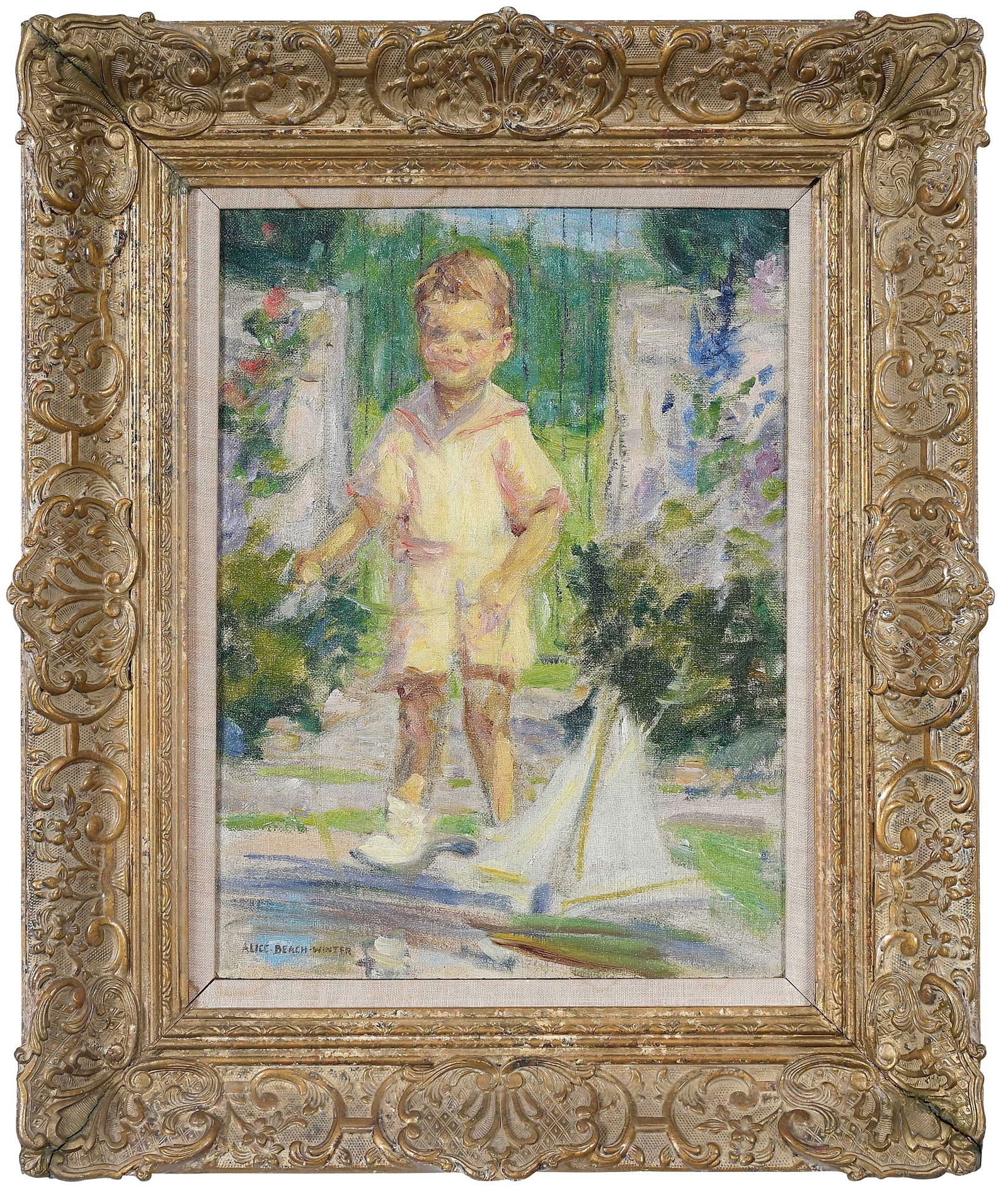 Alice Winter: (American, 1877-1970)Dick Hall with his Sailboat, signed lower left "Alice Beach Winter", oil on canvas, 16 x 12 in.; gilt wood frame, 23-1/4 x 19-1/4 x 2-1/4 in.Provenance: Private Collection, New