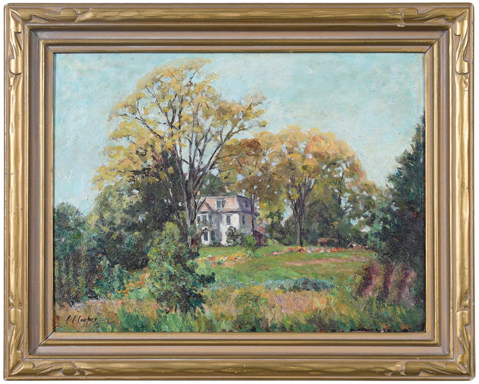 Colin Campbell Cooper: (American, 1856-1937)Landscape with a House, signed lower right "CC Cooper", oil on Masonite, 12 x 16 in.; carved gilt wood frame, 15-1/2 x 19-1/2 in.Provenance: Private Collection, New Jersey
