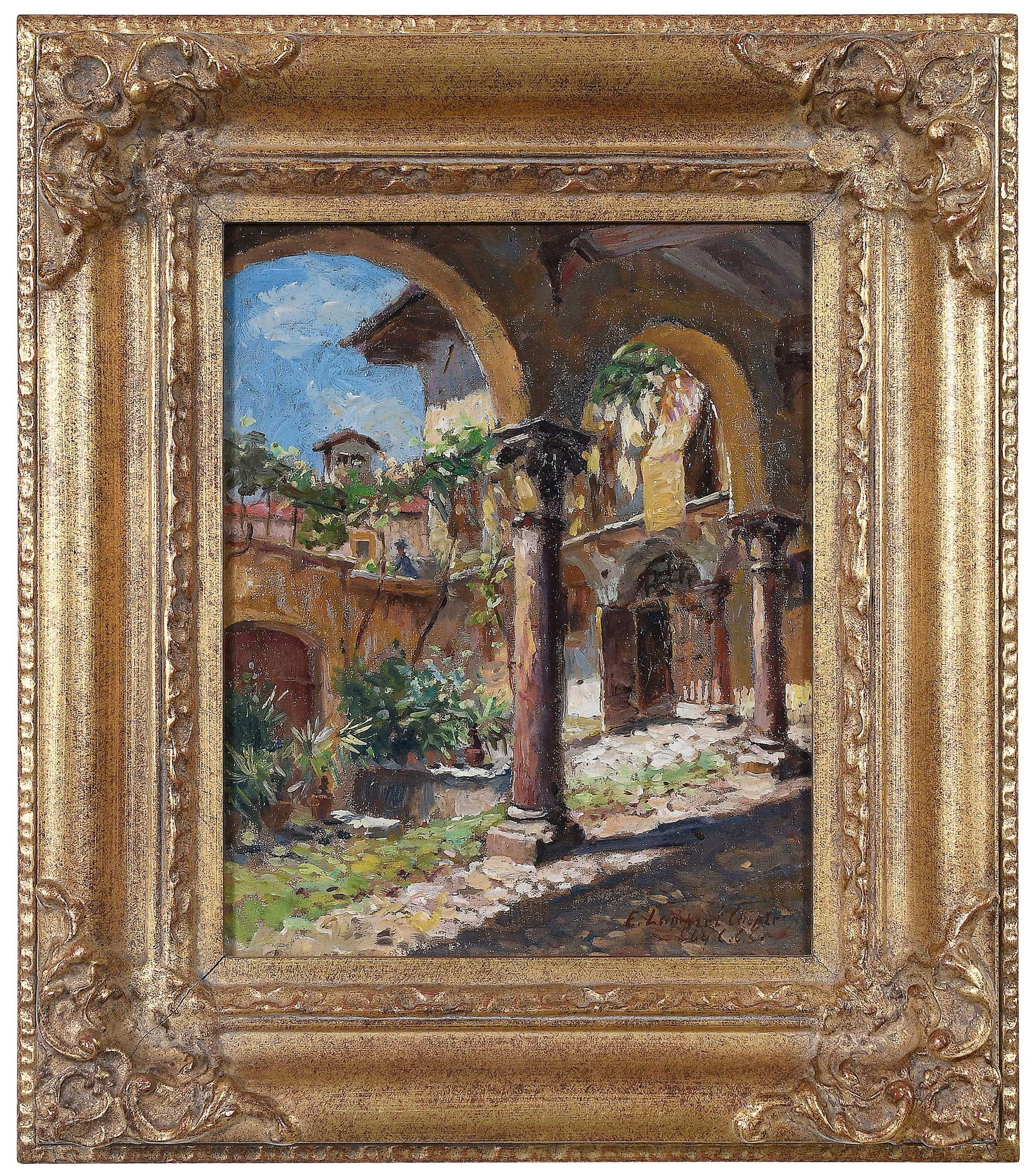 Colin Campbell Cooper: (American, 1856-1937)Emma Lampert Cooper in California, signed lower right "E. Lampert Cooper by CCC", oil on canvas board, 10-1/2 x 8-1/2 in.; reproduction gilt wood frame, 15-3/4 x 13-3/4