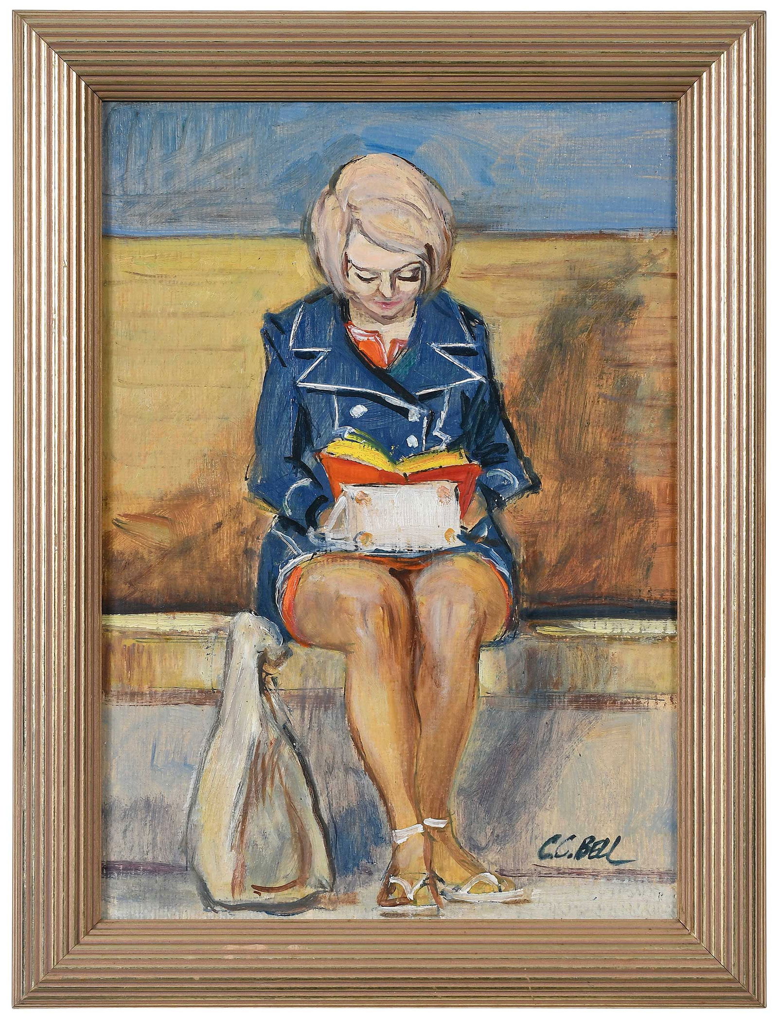 Cecil Bell: (American,, 1906-1970) Girl Reading, signed lower right "C.C. Bell", artist estate stamp verso, oil on Masonite, 14-1/4 x 10 in.; carved gilt wood frame, 16-3/4 x 12-3/4 x 1-3/8 in. Provenance: Privat