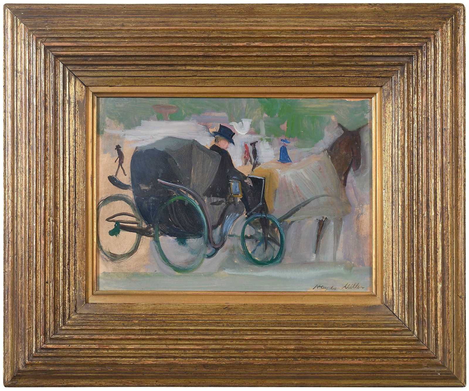 Kenneth Hayes Miller: (American, 1876-1952)The Horse Carriage, signed lower right "Hayes Miller", with faint sketch of figures board verso, oil on board, 7-3/4 x 10-3/4 in.; period carved gilt wood frame, 14-3/4 x 17-3/4