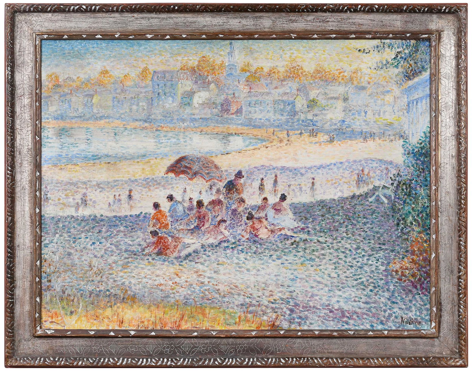 Max Kuehne: (German/America, 1880-1968)Picnic on the Shore, signed lower right "Kuehne", oil on Masonite, 29 x 39 in.; fine carved gilt wood frame, 37-1/2 x 47-1/2 x 2 in.Provenance: Hirschl & Adler Galleries,