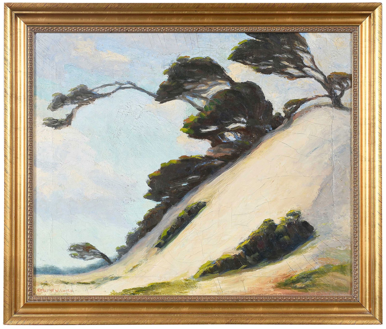 Edna Marrett Wilcocks, California Scene: (American, 1887-??)California Dunes, signed lower left, "E. Marrett Wilcocks", oil on canvas, 20 x 24 in.; gilt wood frame, 23-3/4 x 27-3/4 x 1-1/2 in.Provenance: Private Collection, New Jersey
