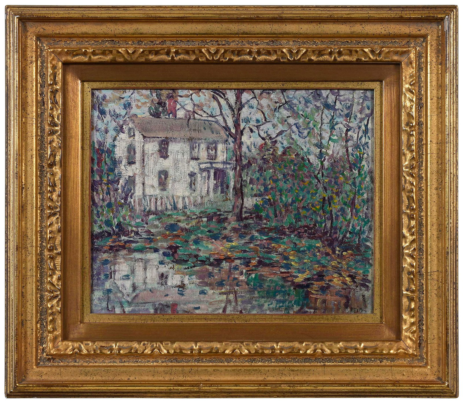 Robert Reid: (American, 1862-1929)The Country Manor, signed lower right "Reid", oil on board, 9-3/4 x 12 in.; period carved gilt wood frame, 16 x 18-1/2 in.Provenance: Goldfield Galleries, Los Angeles, California
