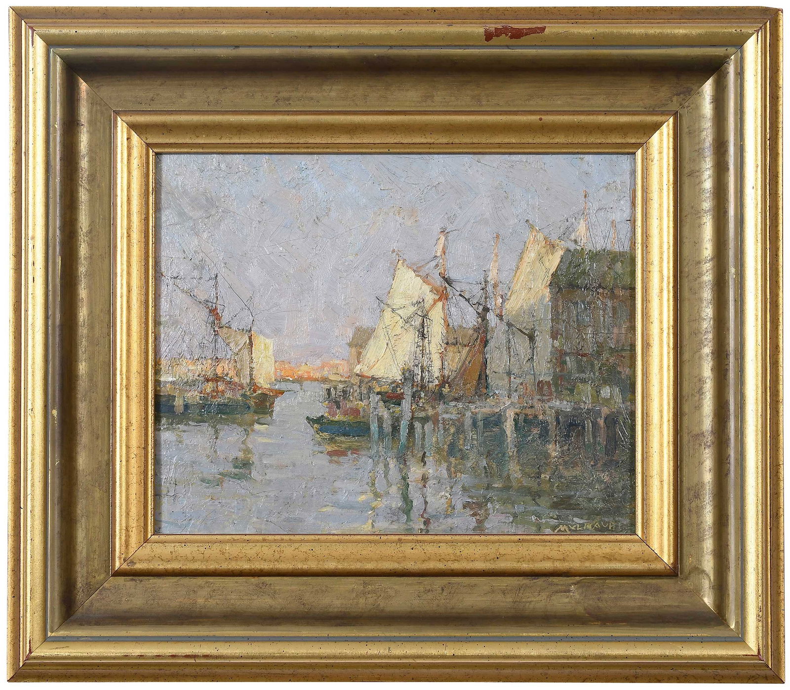 Frederick John Mulhaupt: American (1871-1938) Provenance: Property from a Private Collection, Vero Beach, Florida Coastal Scene, signed lower right "Mulhaupt", also signed pencil verso, oil on board, 8 x 10 in.; reproduction