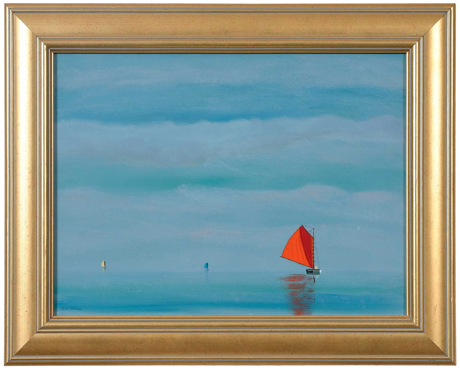 Robert Stark: (American, born 1939)The Red Sail, Nantucket, signed lower left "R. Stark", oil on canvas, 12 x 16 in.; modern gilt wood frame, 16 x 20 x 1 in. 