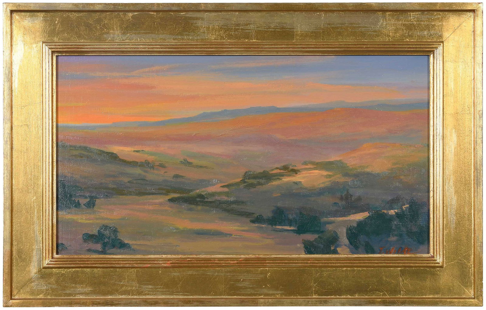 Teruko T. Wilde: (Japanese/America, born 1945) Arizona Sunset II, 1999, signed lower right "T. Wilde", oil on Masonite, 12 x 22 in.; modern gilt wood frame, 17-1/2 x 27-1/2 x 3/4 in. Provenance: Estate of Lamar John R
