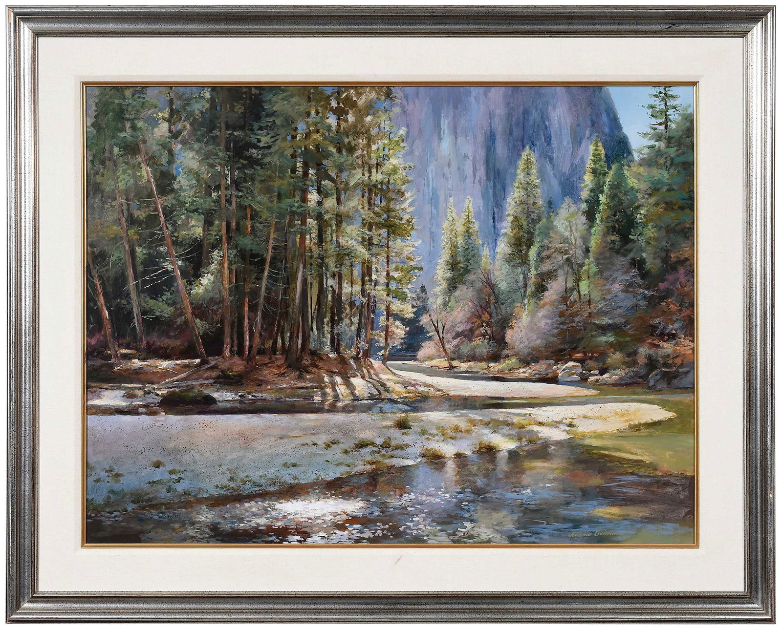 Jerome Grimmer: (California/Michigan, born 1939)Sandbar II, signed lower right "Jerome Grimmer", titled stretcher verso, acrylic on canvas, 30-1/4 x 40-1/4 in.; silver painted wood frame, 40-1/4 x 50-1/4 x 1-3/4