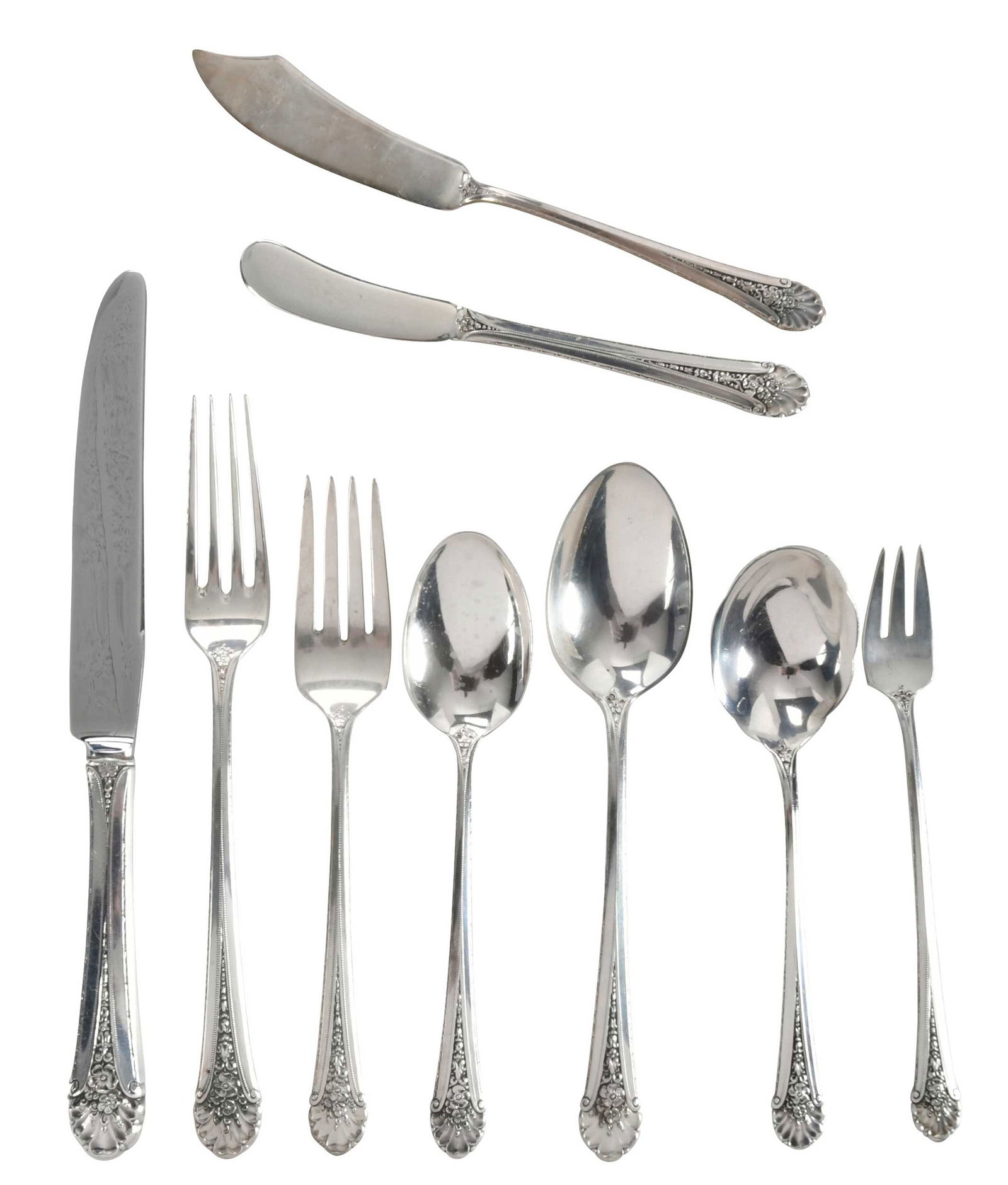 Towle Royal Windsor Sterling Flatware, 85 Pieces: American, 20th century including eleven hollow handle knives; twelve forks; twelve salad forks; sixteen teaspoons; twelve oval soup spoons; eight solid handle spreaders; eight cocktail forks; two