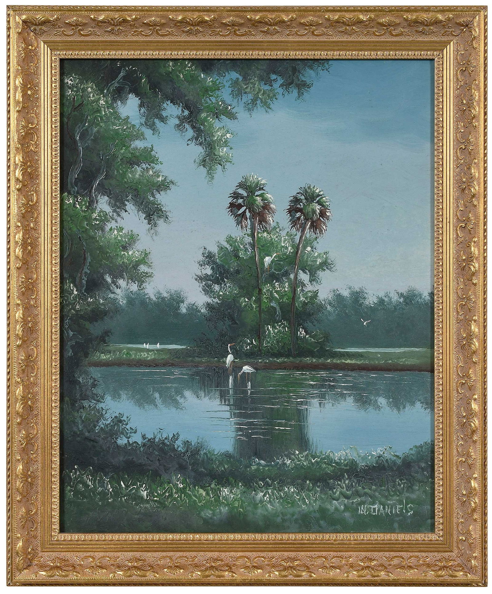 Willie Daniels, Florida Highwaymen Painting: (American/Florida, 1950-2021)Marsh with Egrets, signed lower right "W Daniels", oil on canvas, 20 x 16 in.; modern gilt wood frame, 24 x 20 in.Provenance: Riddling Estate