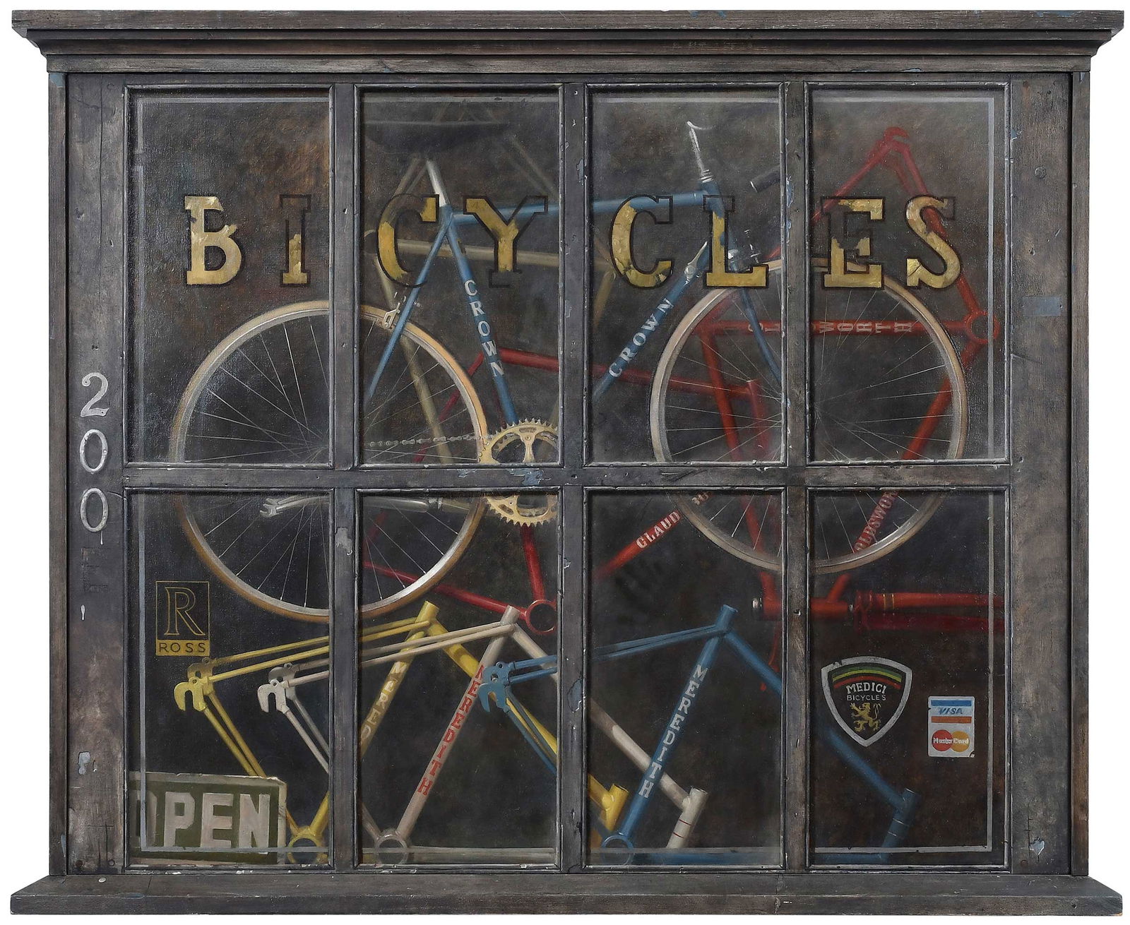 Robert Meredith: (American/Georgia, born 1940)The Bicycle Shop, Trompe L'Oeil, inscribed on stretcher verso "Robert Meredith", oil on canvas, 32 x 40 in; integral frame, 36 x 44 x 2-1/2 in.Provenance: Private