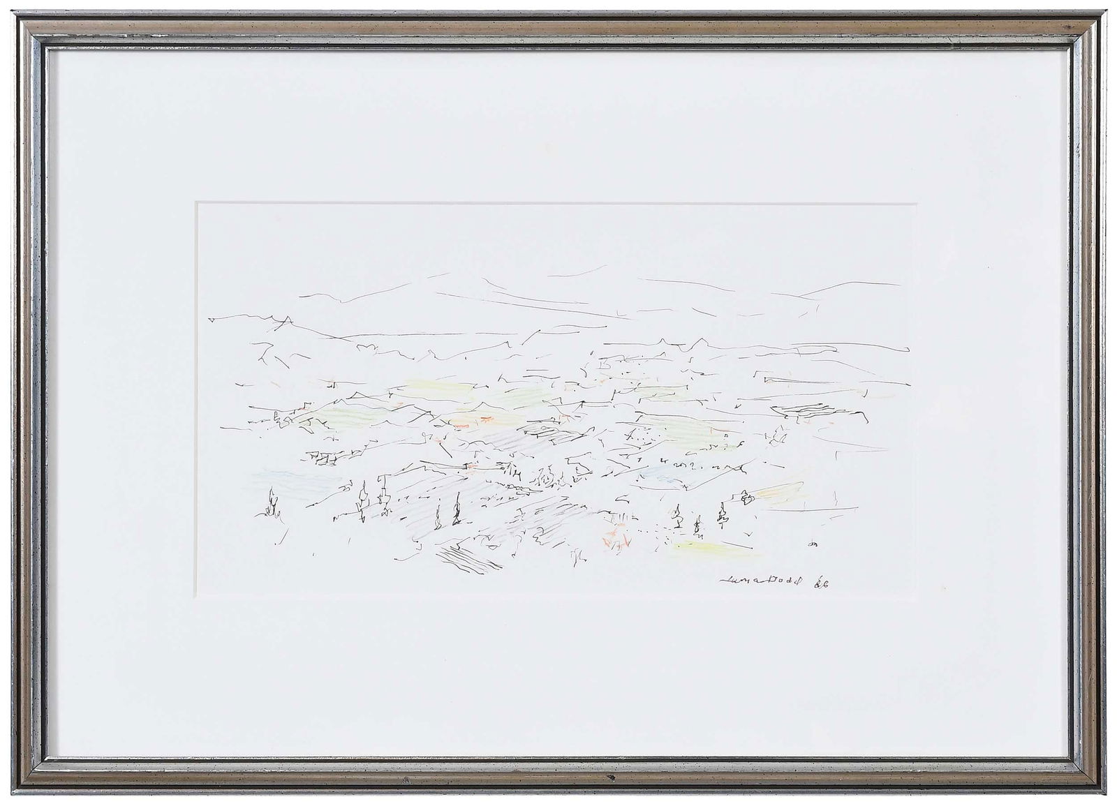 Lamar Dodd: (American/Georgia, 1903-1996) View from the Hills - Cortona, 1986, signed and dated lower right "Lamar Dodd '86", ink and color pencil on paper, sight 7-1/2 x 13-5/8 in.; silver gilt wood frame, 14-7/