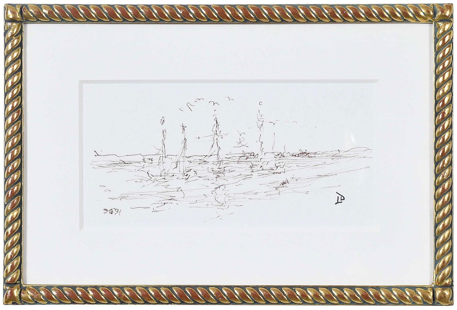 Lamar Dodd: (American/Georgia, 1903-1996) Boats, no.377, initialed lower right in ink "LD", ink on paper, sight 4-1/2 x 9-1/4 in.; modern gilt wood frame, 9-1/4 x 14 x 1-1/4 in. Provenance: Property from a Privat