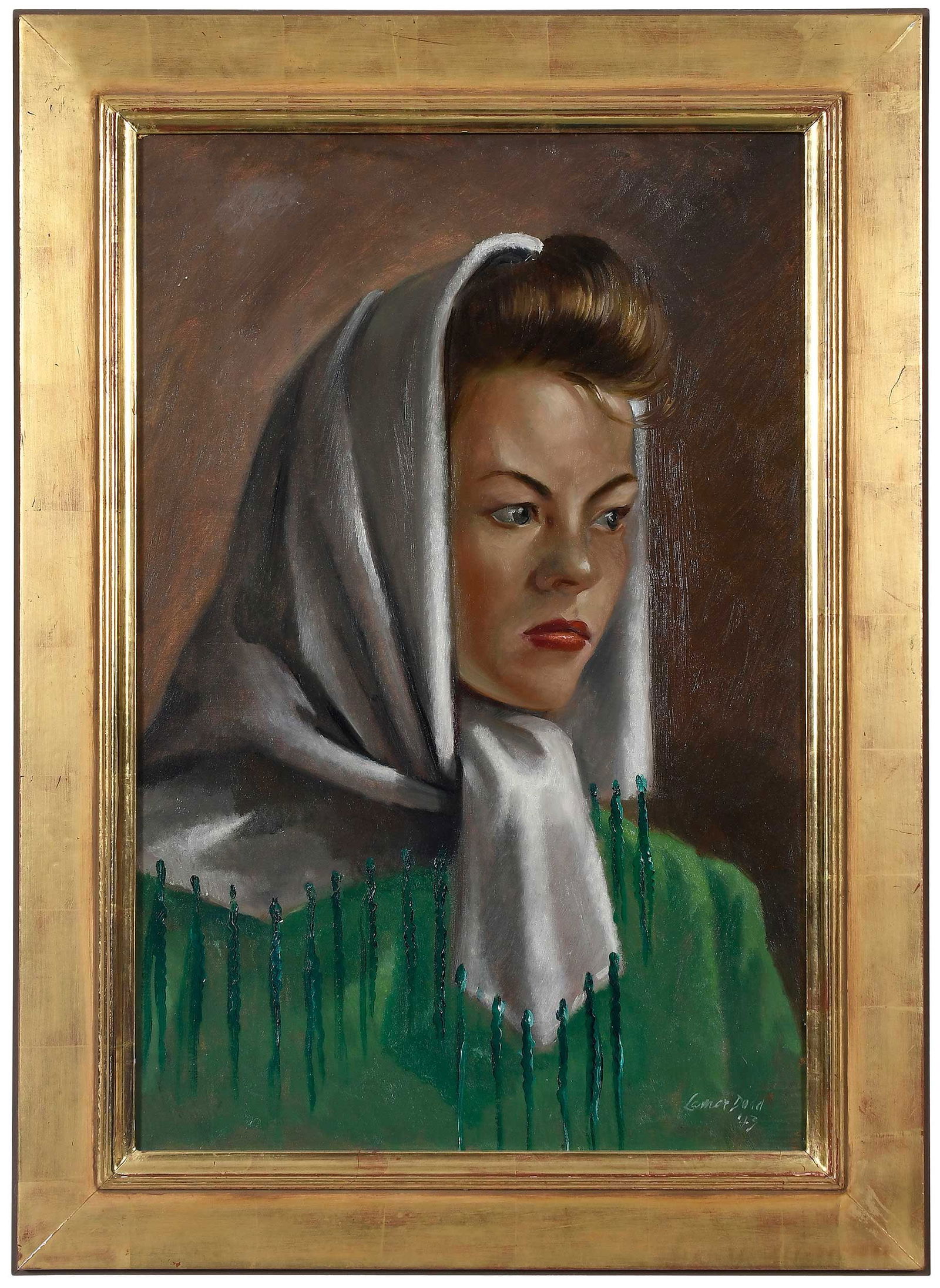 Lamar Dodd: (American/Georgia, 1909-1996)Jo Anne Cannon, 1943, signed and dated lower right "Lamar Dodd '43", oil on canvas, 24 x 16 in.; gilt wood frame, 29-1/8 x 21-1/4 x 2 in.Provenance: Property from a