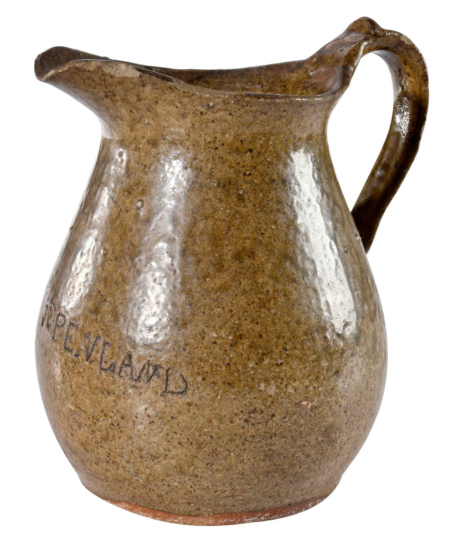 Scarce J. S. Penland Signed North Carolina Pitcher: (Buncombe County, Candler area, 1848-1915) circa late 1900s, mottled runny green alkaline glaze, tapered wide base form, inscribed "J.S.PENLAND" with reverse "S", arched strap handle with thumb rest f
