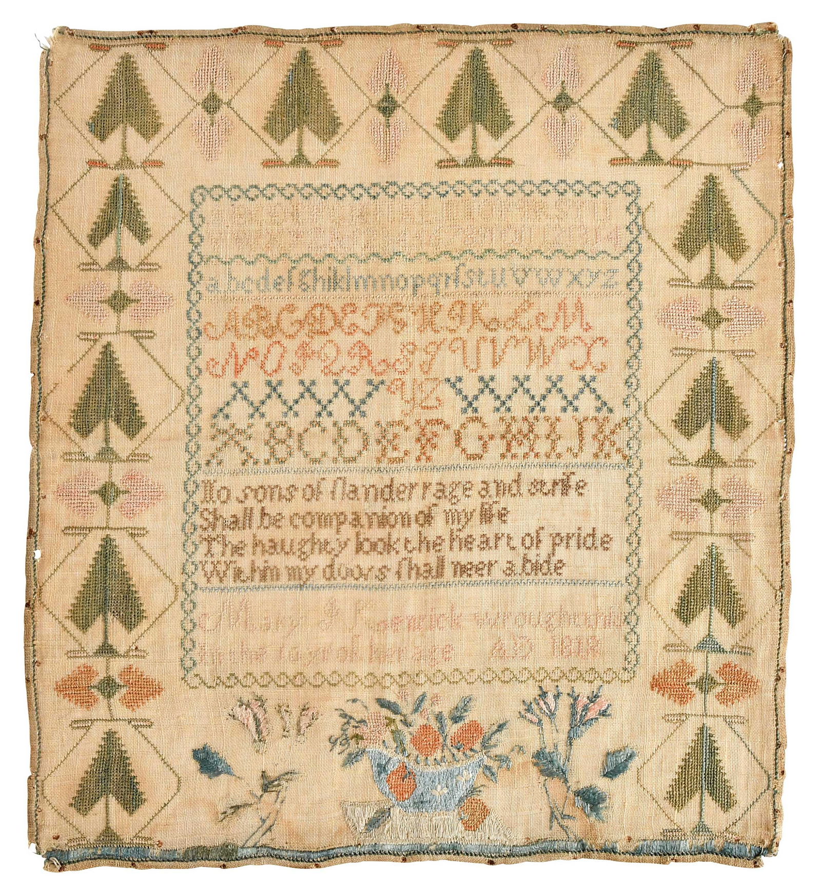 Susquehanna Valley, Pennsylvania Needlework Sampler: signed and dated "Mary J Koenick wrought this in the 10th yr of her age AD 1818", with alphabets, a verse, roses flanking a bowl of strawberries bordered on three sides with bold trees, silk on