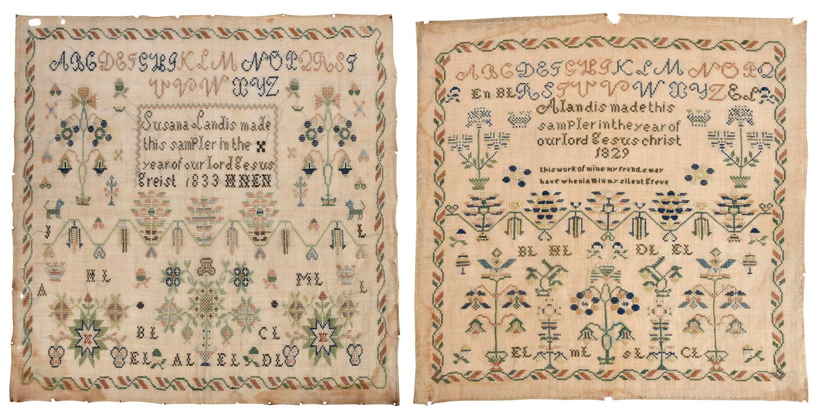 Two Signed and Dated Pennsylvania Needlework Samplers by Sisters: two silk on linen samplers worked by sisters, comprising: one initialed and dated "A landis made this sampler in the year of our Lord Gesus [sic] christ 1829", with alphabet, a verse, initials of
