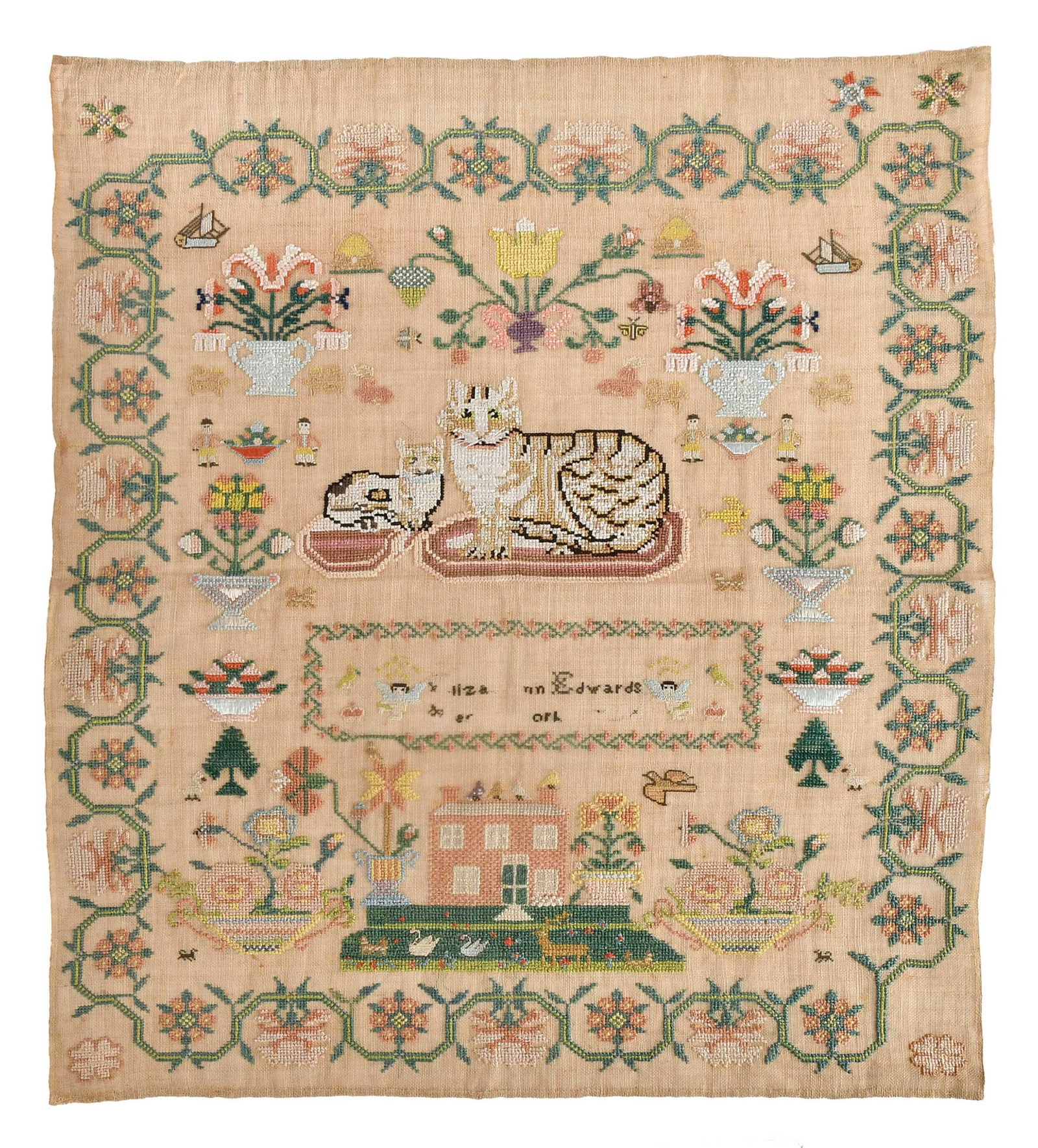 Monumental American Signed and Dated Needlework Sampler with Cats: signed and dated "Eliza [A]nn Edwards", with two felines, 13 urns of flowers, detailed house scene, bee skips, boats, angels, and crowns, surrounded by a wide rose border, silk on linen, cross and sat