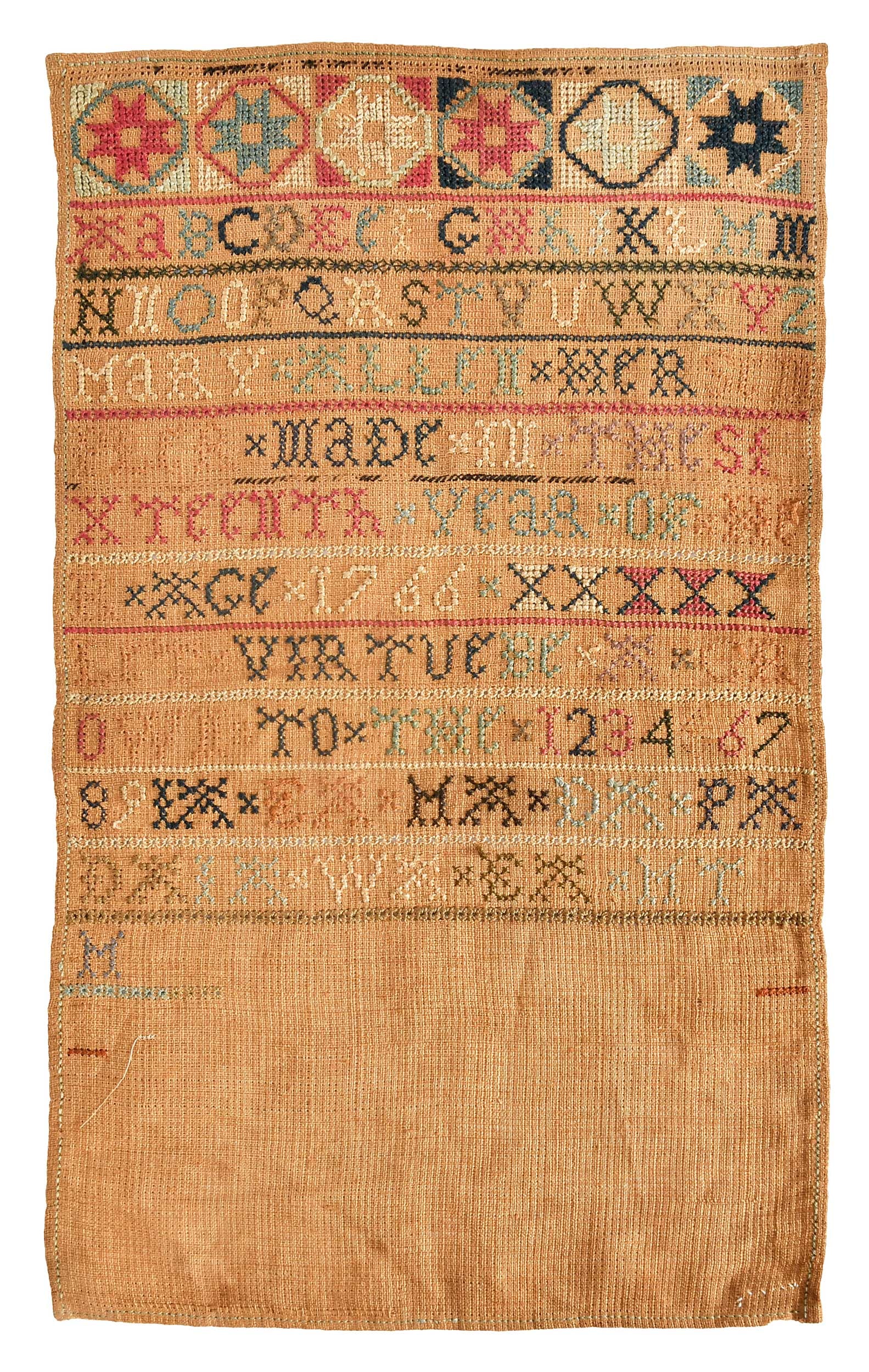 Early American Signed and Dated Marking Needlework Sampler: signed and dated "Mary Allen Her Sempler [sic] Made In The Sixteenth Year of her Age 1766", with alphabet, numbers, initials of family members, and geometric patterns, silk on linen, cross, marking