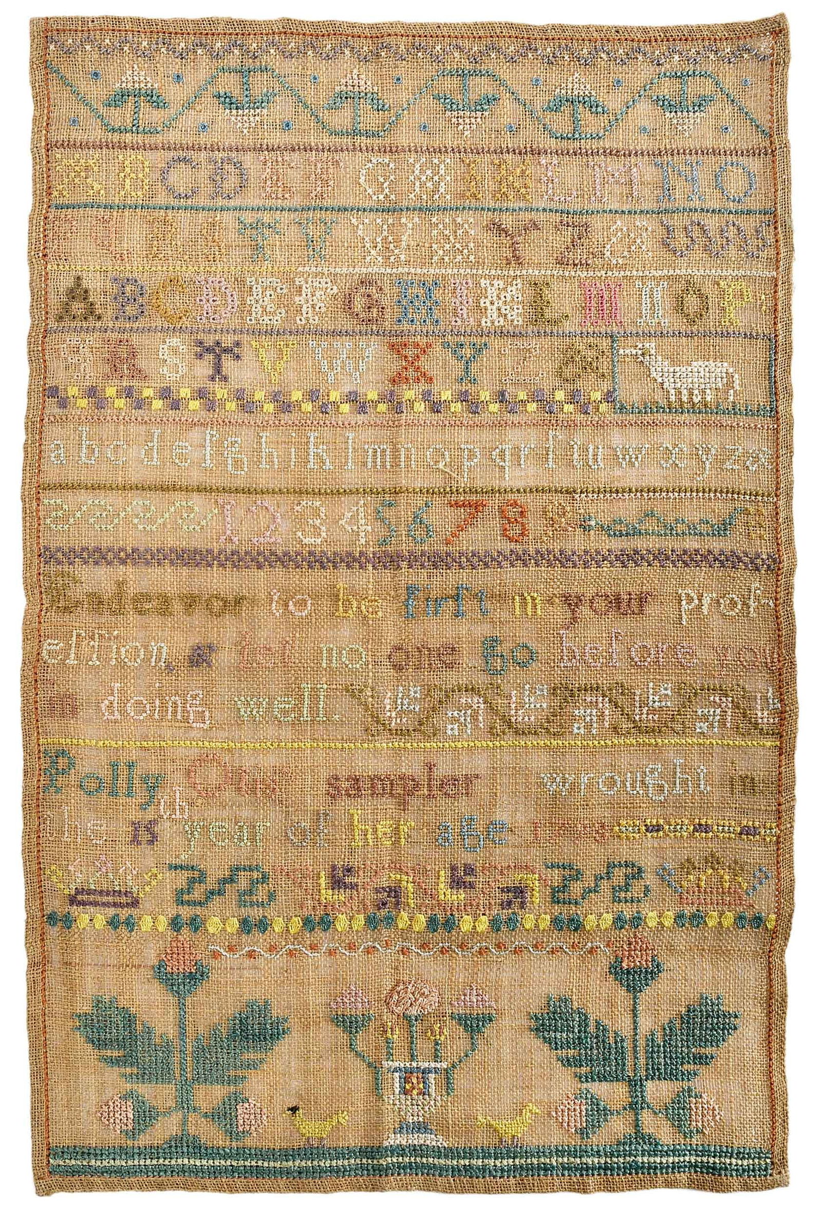 Important Scituate, Massachusetts Signed and Dated Needlework Sampler: signed and dated "Polly Otis' sampler wrought in the 15th year of her age 1798", with alphabets, numbers, motto, flora and fauna, and horizontal borders, silk on linen, 16 x 10 in;