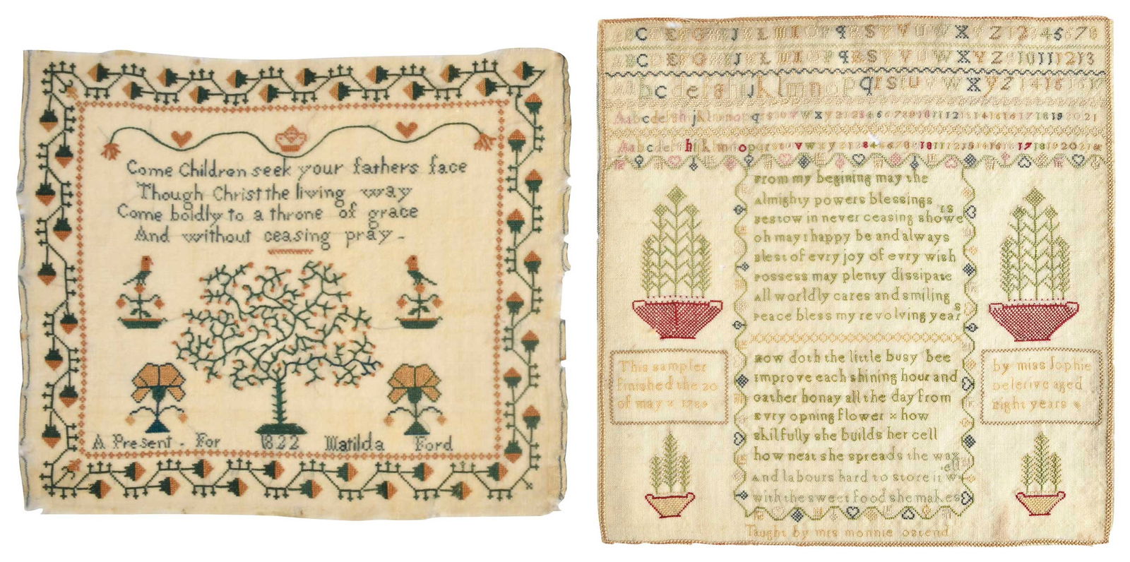 Two American Needlework Samplers: sampler dated and inscribed "This sampler finished the 20 of May 1789 by ms. Sophie Delerive aged 8 years, 12-3/4 x 12-1/2 in.; sampler inscribed "A present for Matila Ford/1822", 11-1/4 x 13-1/4 in.