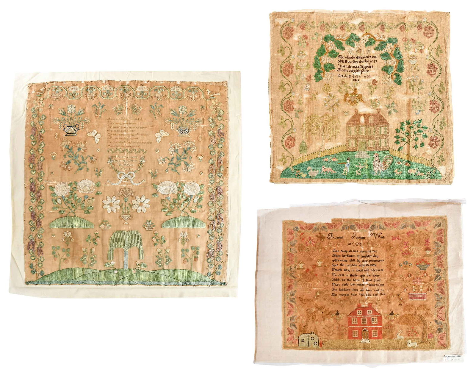 Three American 19th Century Needlework Samplers, Pictorial and Verse: comprising: sampler signed and dated "Eliza Hawke's work 1834", silk on linen; sampler signed and dated "Elizabeth Evens work/1826"; sampler signed "Rachael Jackson's work"; largest 27-3/4 x 29-3/4 in