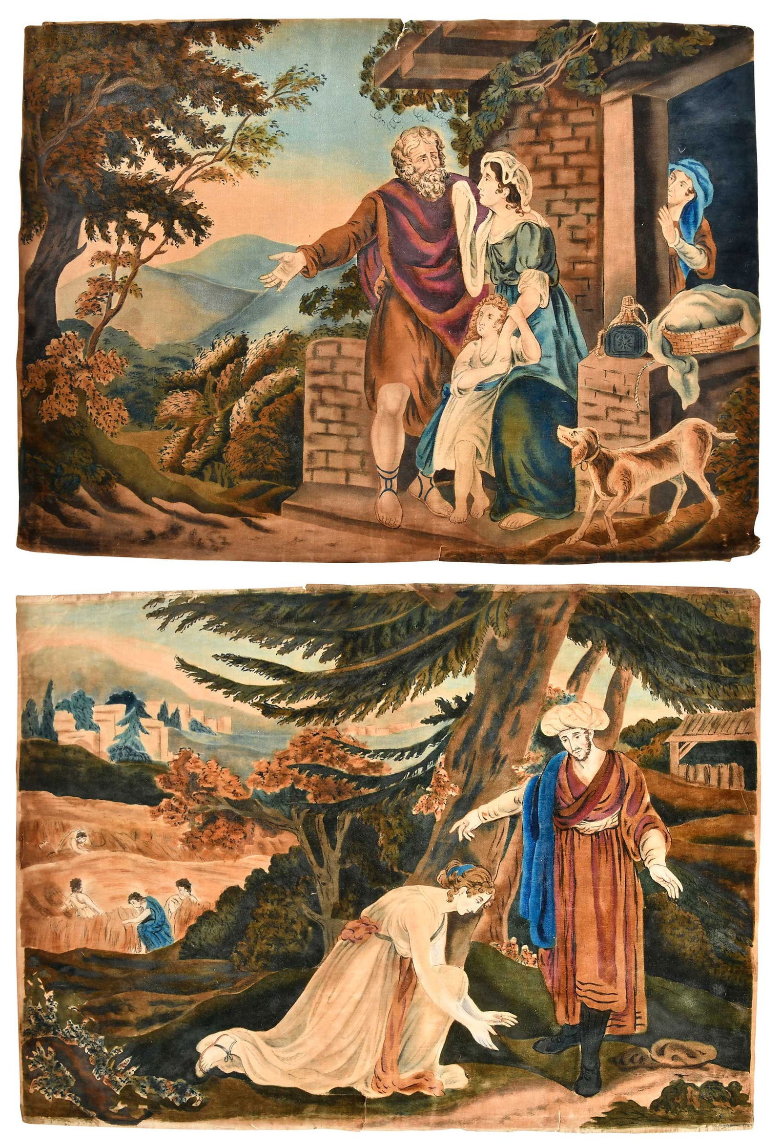 Pair Neoclassical Painted Silk Allegorical Panels: probably American, first half 19th century, painted silk velvet, each approx. 20 x 27-1/2 in.Provenance: 1942, gift of Lathrop Colgate Harper, Emma Carnley Sackett, and Isabelle Sackett of New York,