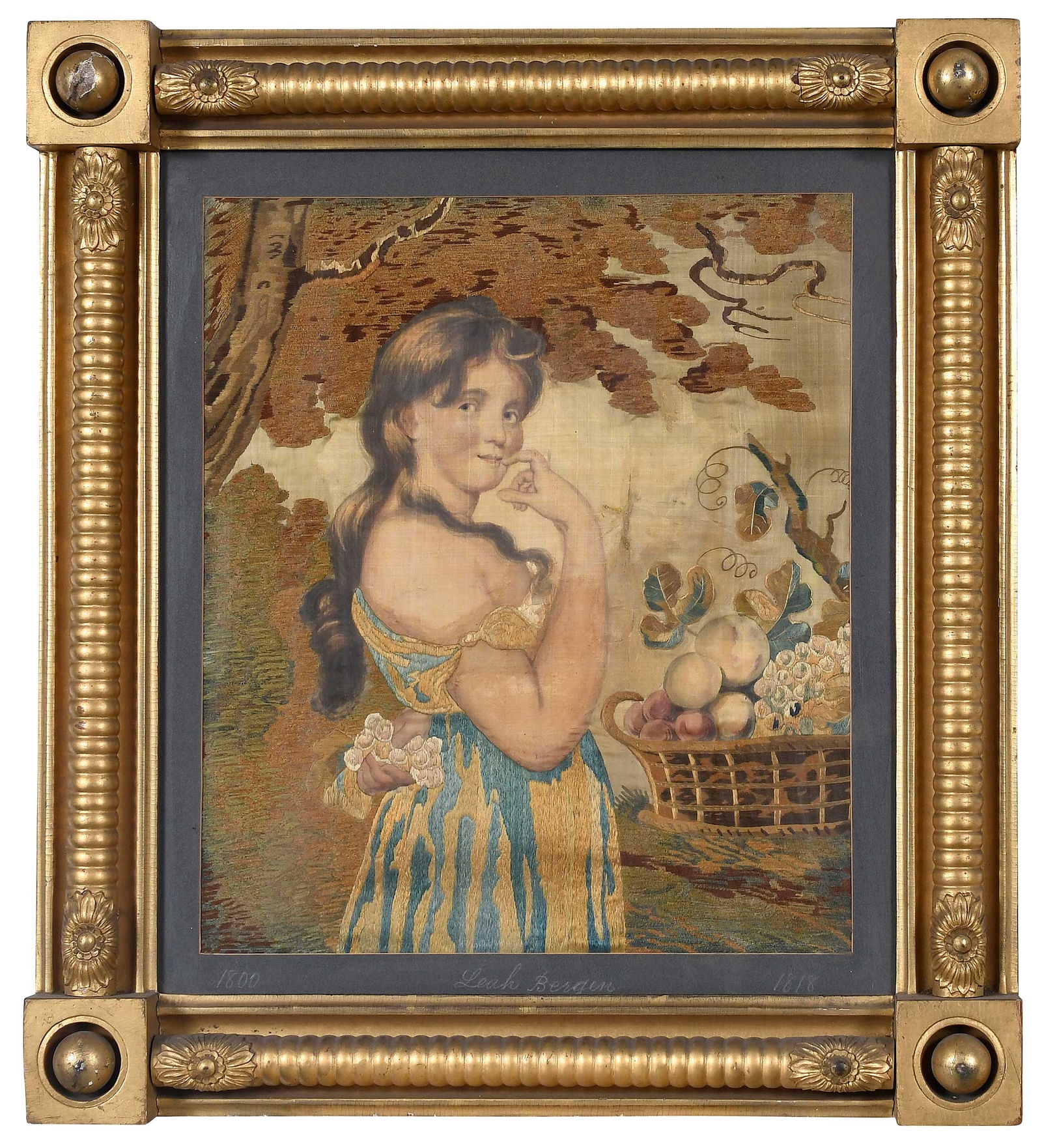 19th Century Framed Portrait Embroidery: early 19th century, paint and needlework on silk, inscribed to mat "1800/Leah Bergen/1818", sight 20-5/8 x 17-1/2 in.; carved and gilt wood frame, 29-3/4 x 26-3/4 x 3 in.Provenance: 1878, inherited