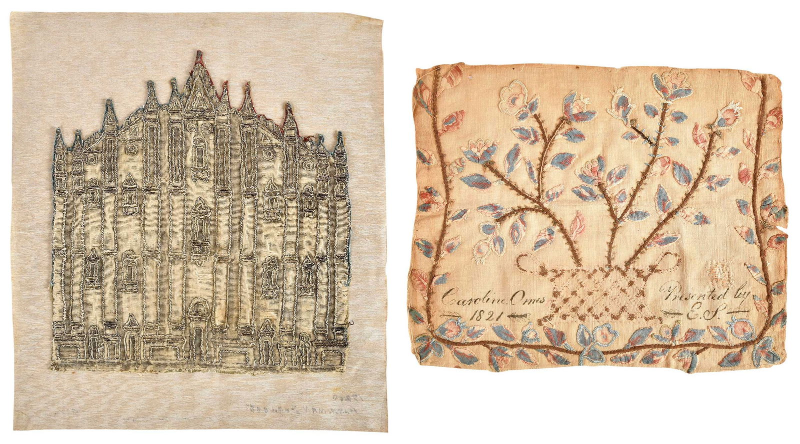 Two Applique Fragments, Cathedral and Flowers: comprising: Caroline Omes floral fragment, dated and inscribed "Caroline. Omes/1821/Presented by E.S."; needlework fragment of the Cathedral of Milan, Italian; largest 12-1/8 x 10-3/4 in.Provenance: