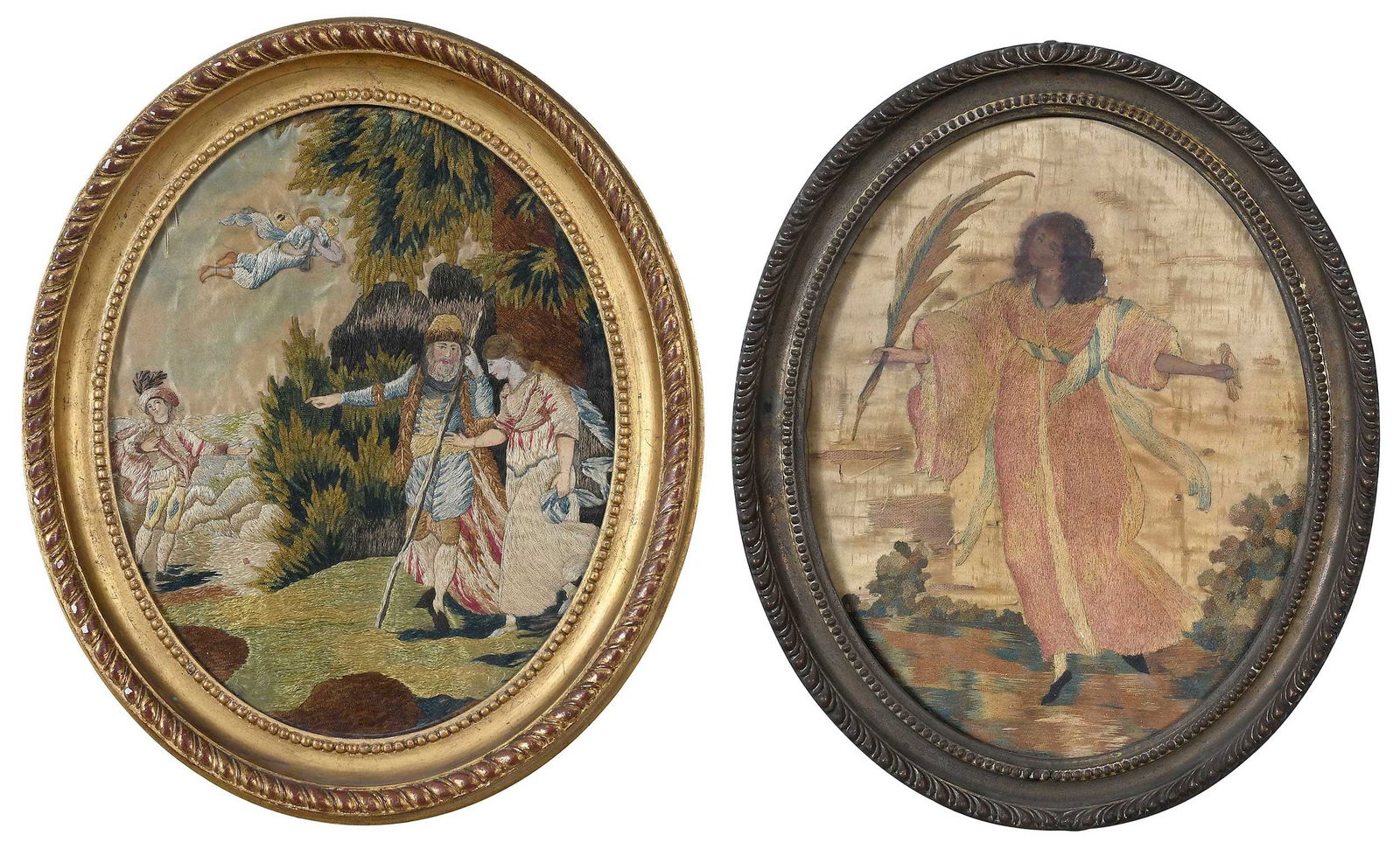 Two Framed Silk Needlework Pictures: possibly American, early 19th century, silk with painted faces, comprising: Moses Striking the Rock, in gilt wood frame, overall 14-1/2 x 11-1/2 x 1-1/2 in.; Lady with bird and feather, gilt wood