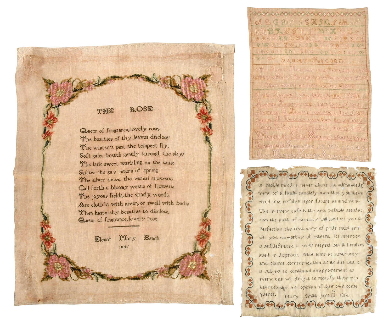 Three American Needlework Samplers: 19th century, comprising: verse sampler signed and dated "Mary Smith/June 13th 1814"; family record sampler signed and dated "wrought by Delia Hersey aged 10 years/Sangerfield, September 29th 1822"; p